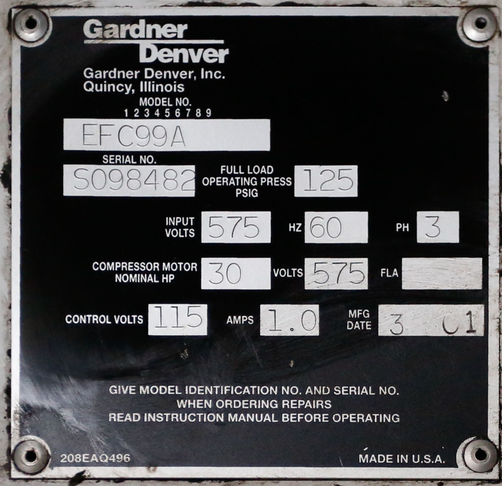 GARDNER DENVER ELECTRA SCREW AIR COMPRESSOR MOD. EFC99A, 30 HP, 575 V, S/N: S098482 - Bild 3 aus 3