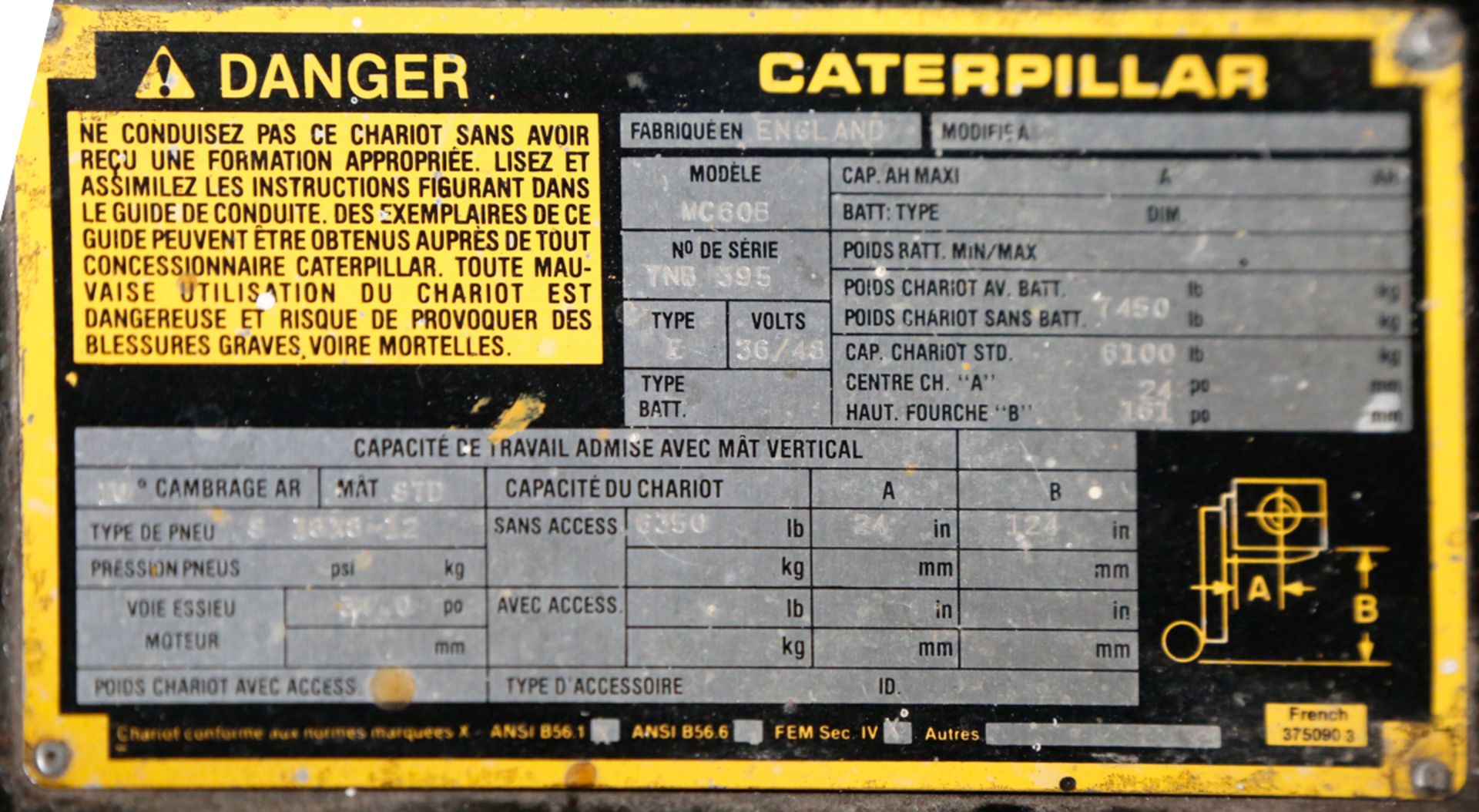 CATERPILLAR ELECTRIC FORKLIFT MOD MC60B, 6350 LBS CAP., 124" LIFT HEIGHT, 2-STAGE, SIDESHIFT, 7420 - Image 3 of 4