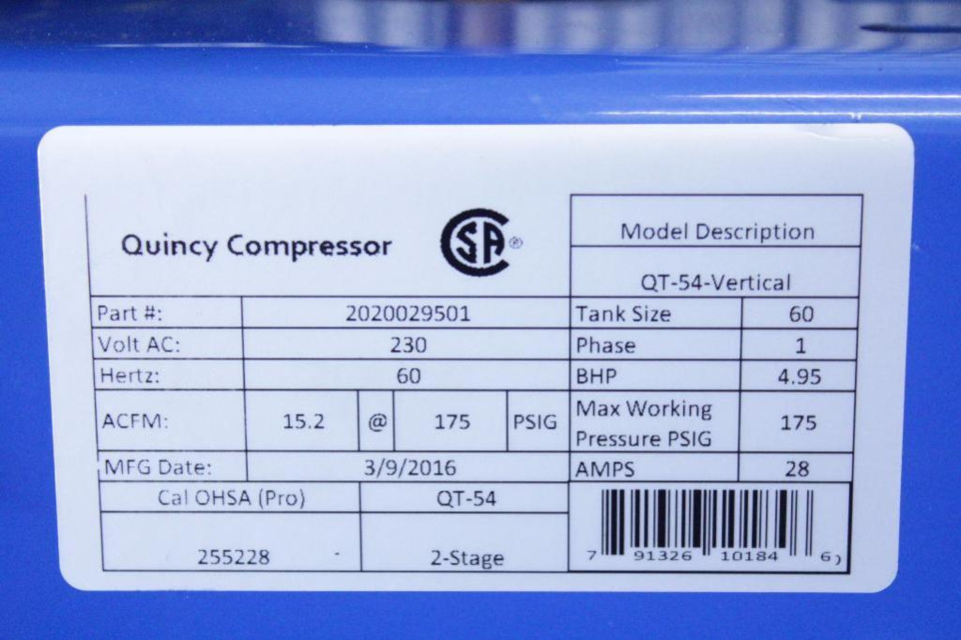 Quincy 2 Stage 5hp vertical air compressor Model: 2V41C60VC - Image 5 of 7