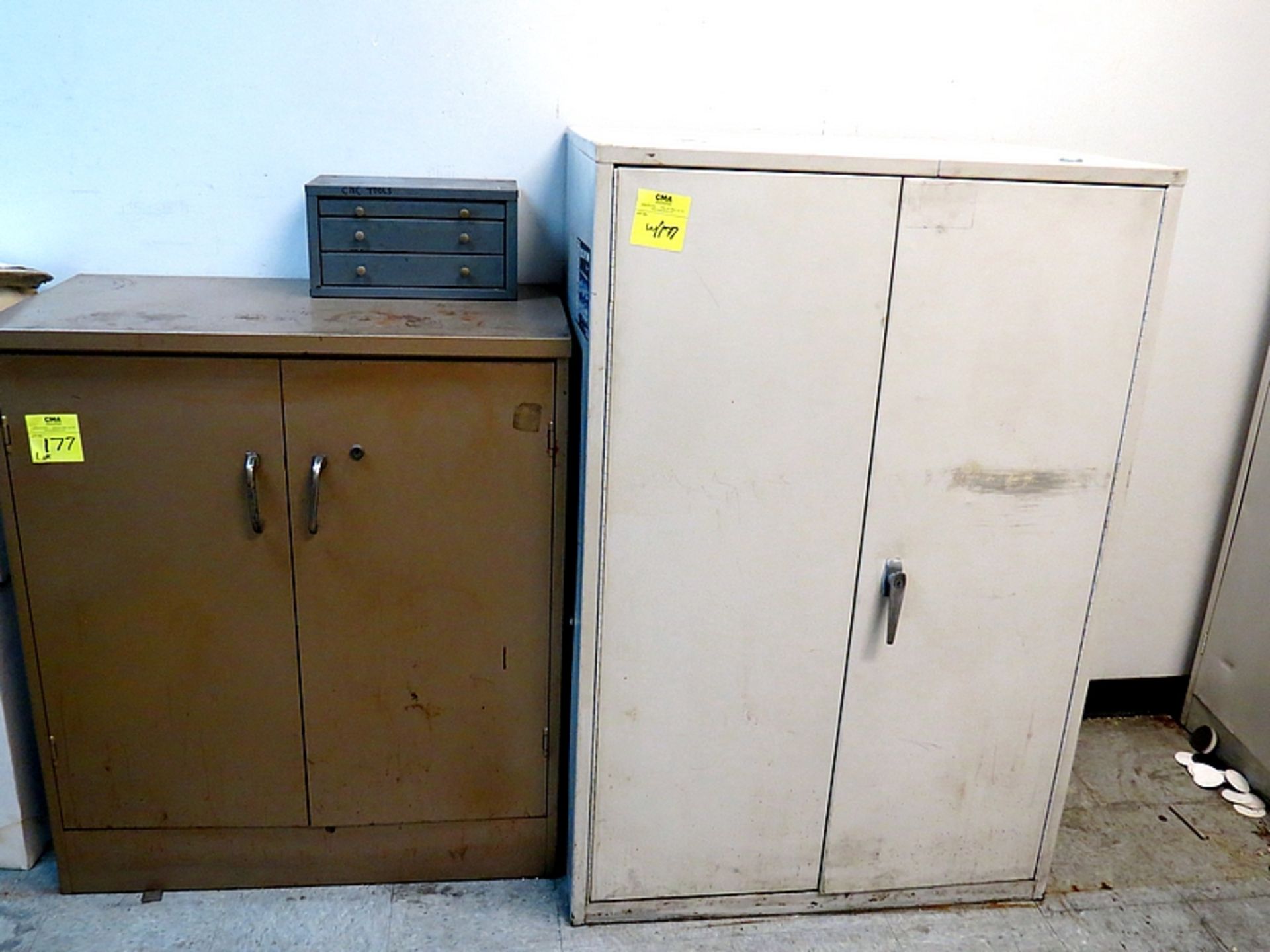LOT 2- SMALL 2 DOOR STORAGE CABINETS WITH CONTENTS