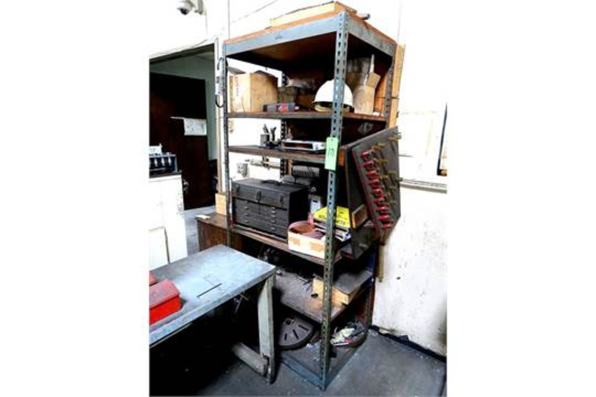 LOT OF SHELVING WITH CONTENTS, SMALL METAL TABLE AND