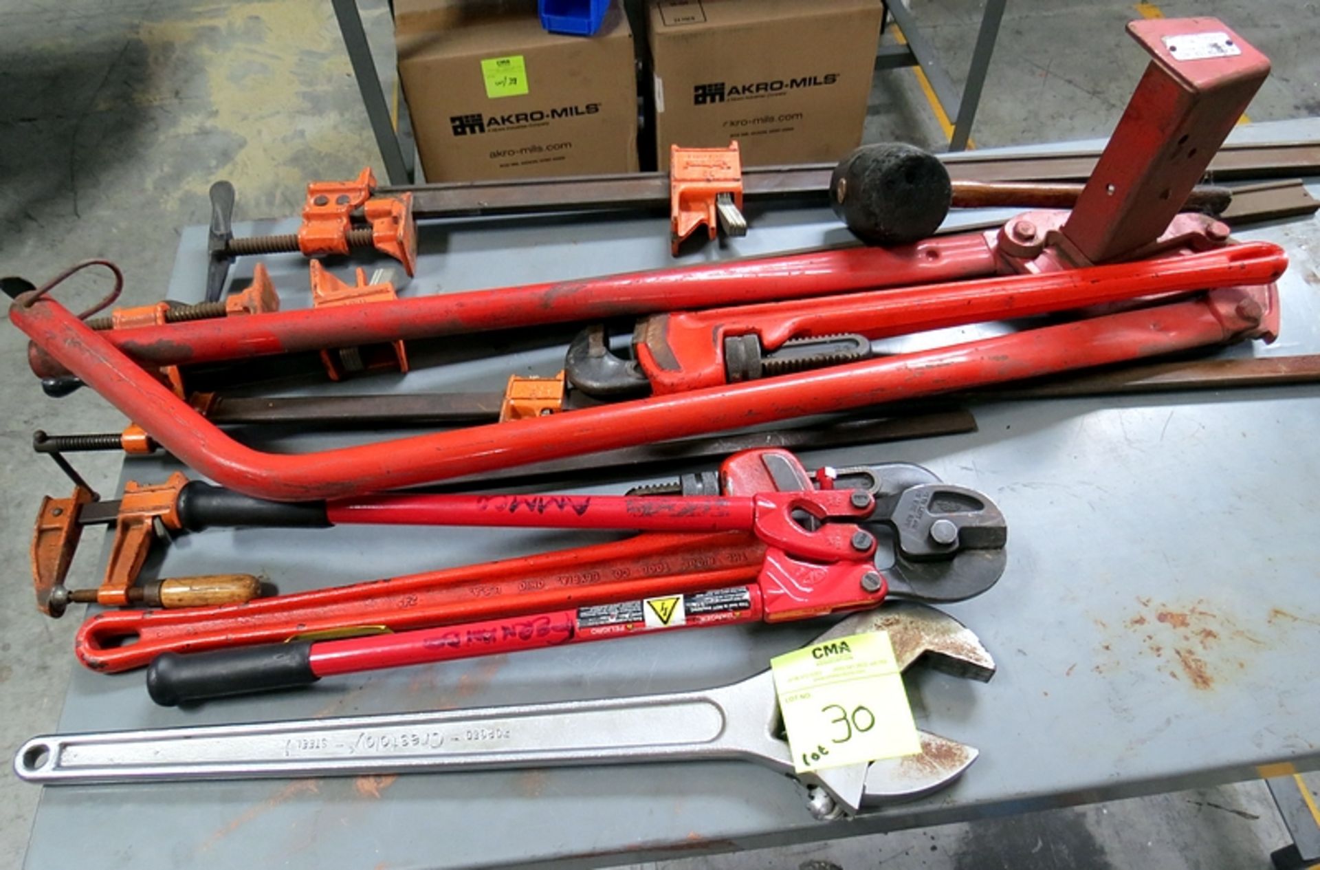 LOT OF LARGE HAND TOOLS, PIPE CUTTERS, WRENCHES, BAR CLAMPS