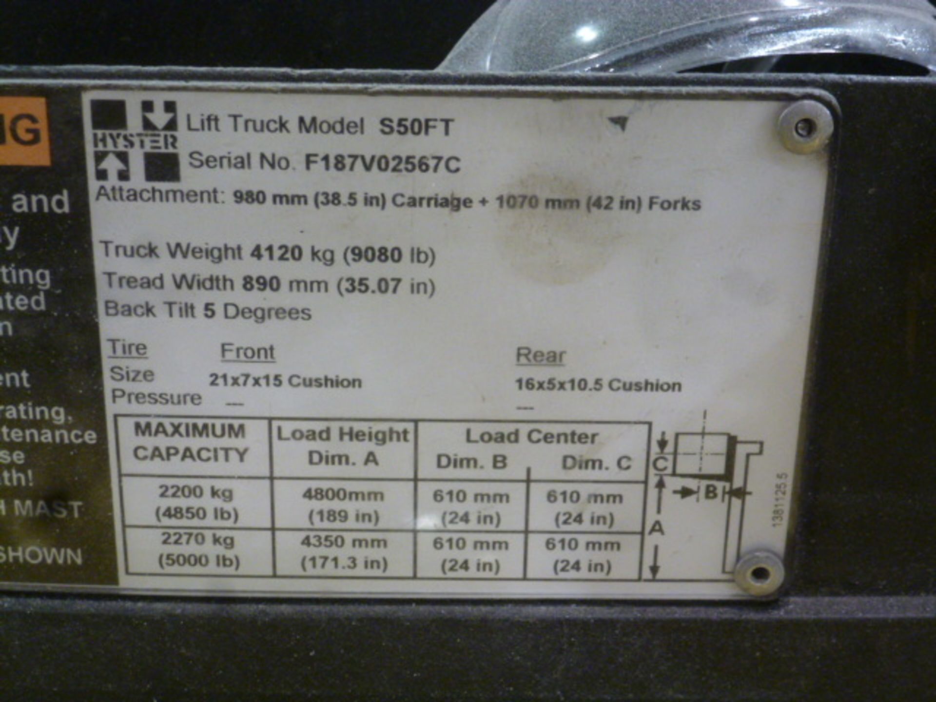 Hyster Forklift - 5,000# Capacity, Propane, m/n S50FT, s/n F187V02567C, Hours: 9,229 - Image 2 of 2