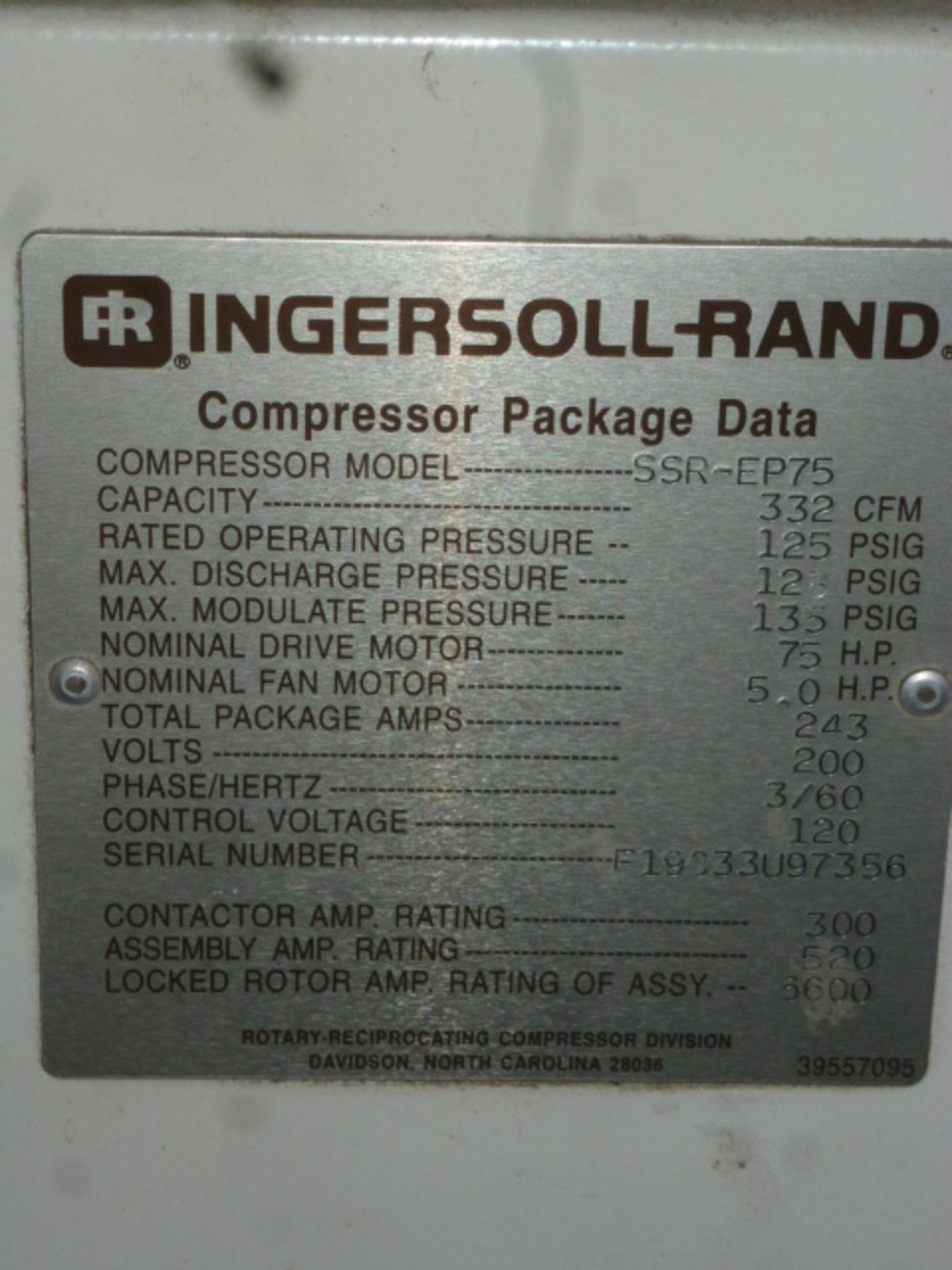 Ingersoll Rand 75-Hp Air Compressor w/Intellisys, m/n SSR-EP 75, s/n F19033U97356 - Image 2 of 2