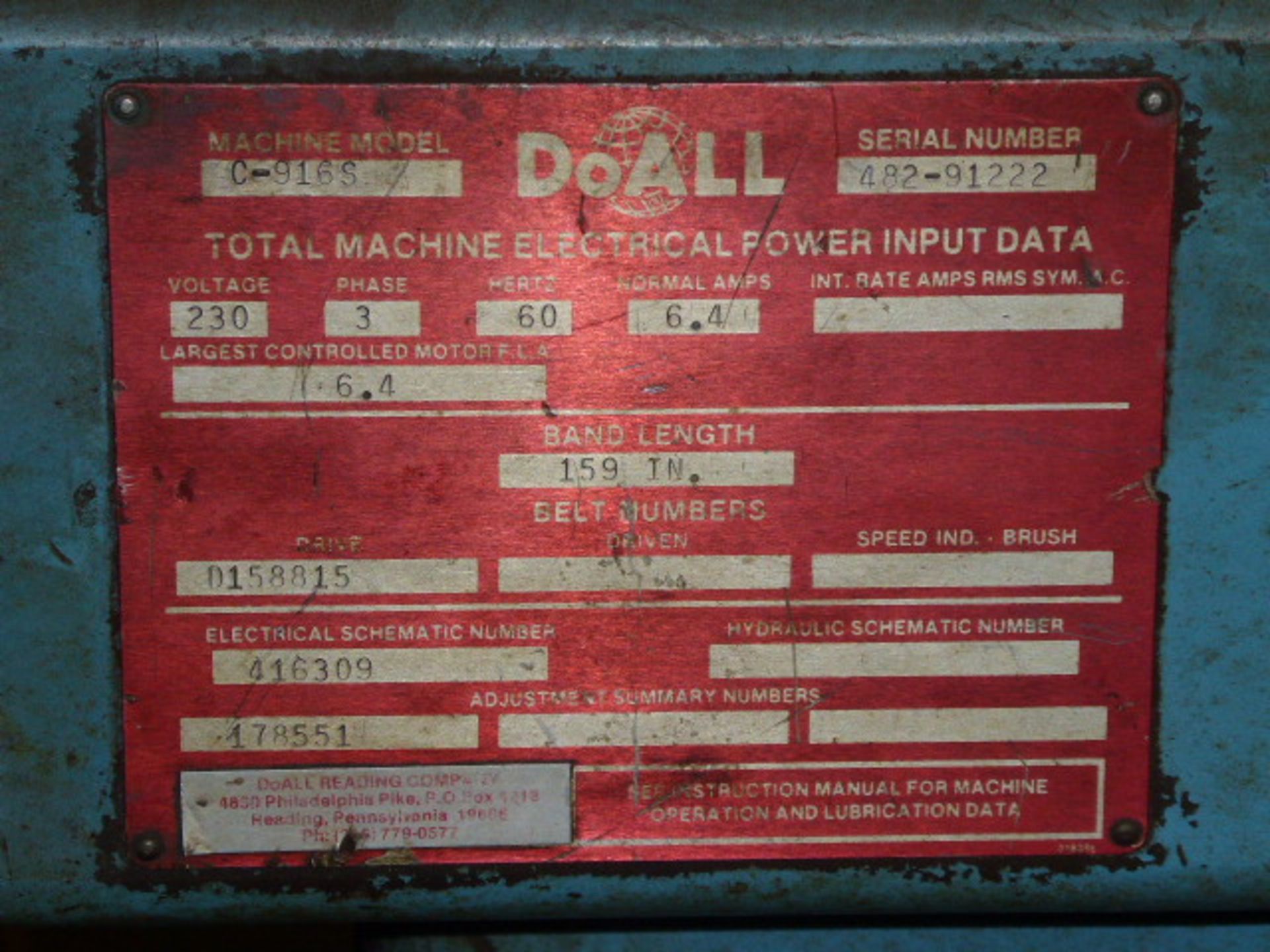 Do-All Horizontal Band Saw, m/n C-916-S, s/n 482-91222 - Image 3 of 4