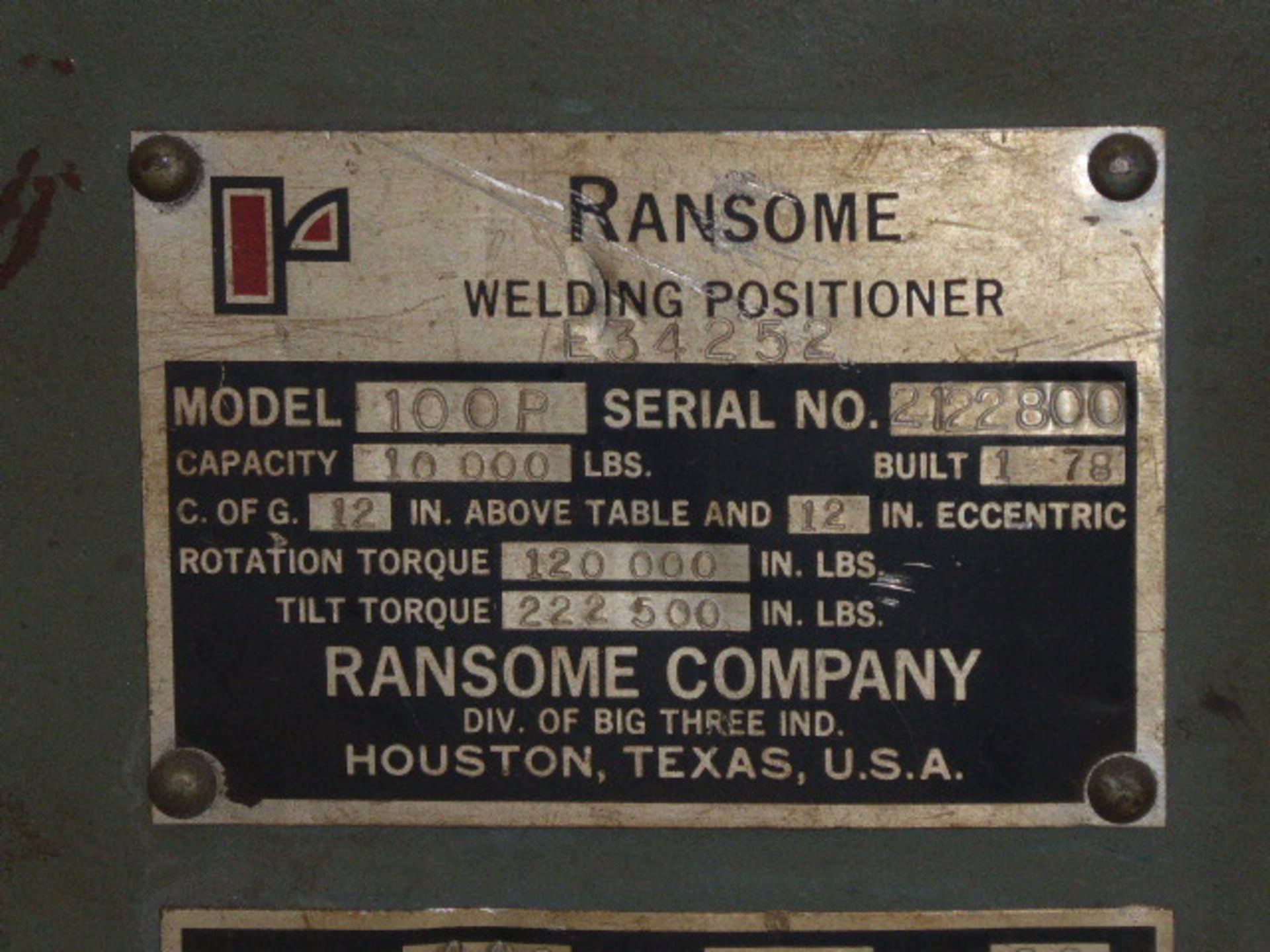 Ransome Welding Positioner, 10,000# Capacity, m/n 100P, s/n 2122800 - Image 3 of 3