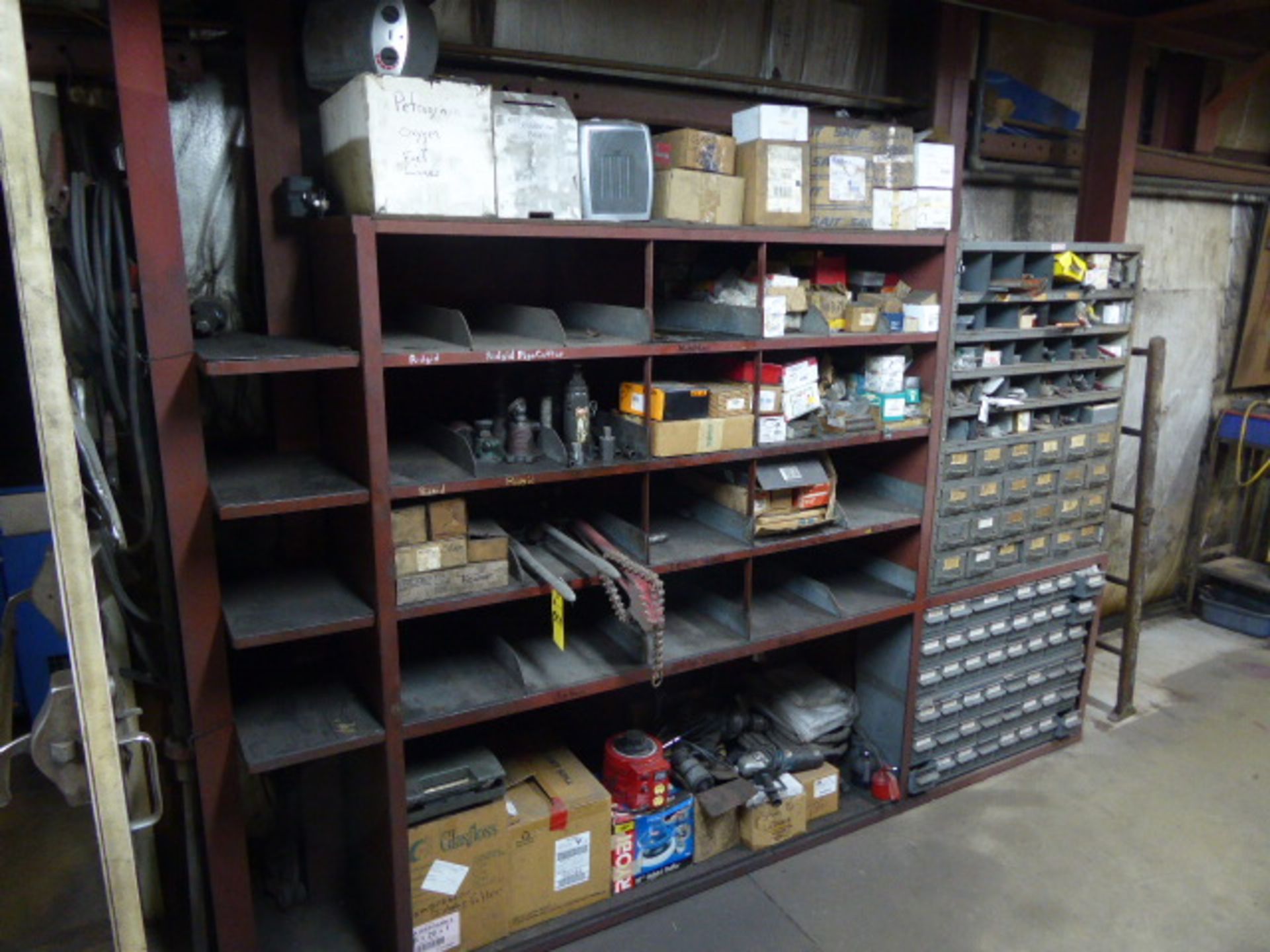 Contents of Rack: Heaters, Pipe Bender, Hydraulic Jacks, Nuts, Bolts, Screws, Etc. (Lot)