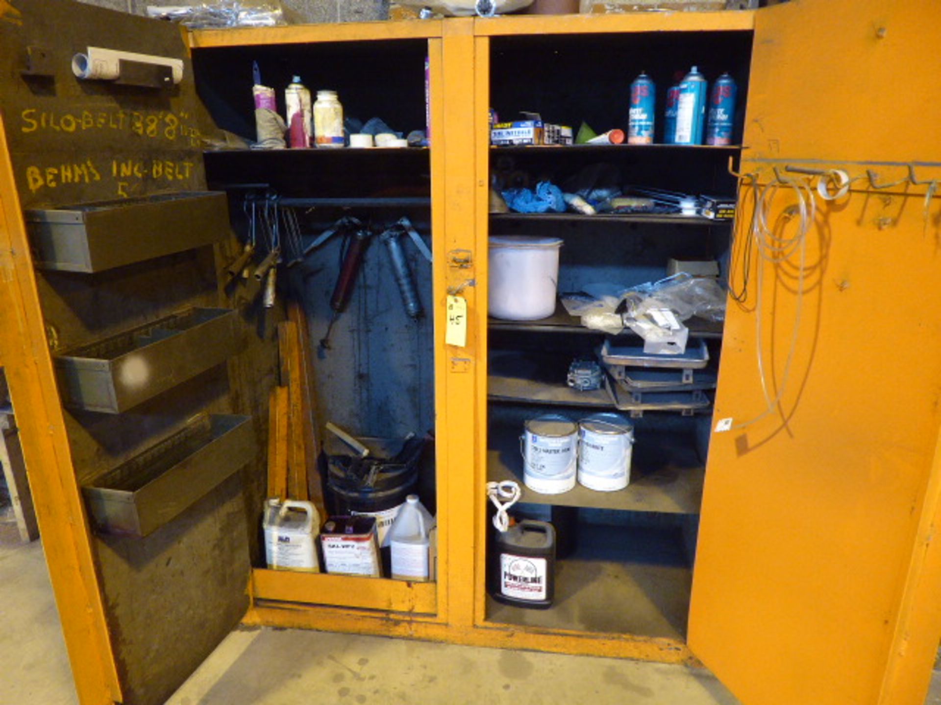 Cabinet w/Contents: Wire Brushes, Grease Guns, Paint, Etc. (Lot)