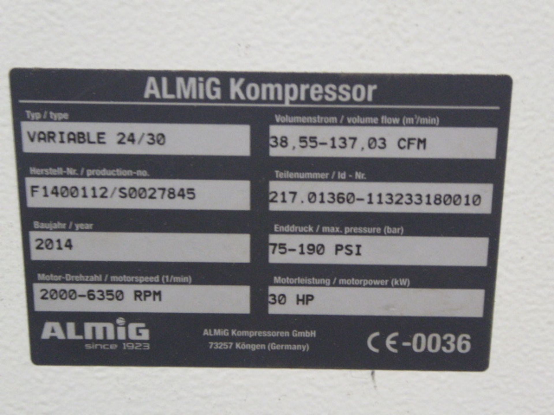 2014 Almig Air Compressor w/Shed, 30-HP, m/n Variable 24/30, s/n F1400112/S0027845 - Image 3 of 6