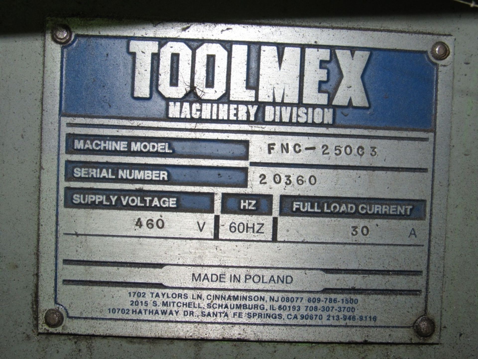 Toolmex Milling Machine - Model - FNC-25003 Serial - 20360 Rigging Fee - $250.00 460 v 60 HZ 30 amp - Image 10 of 11