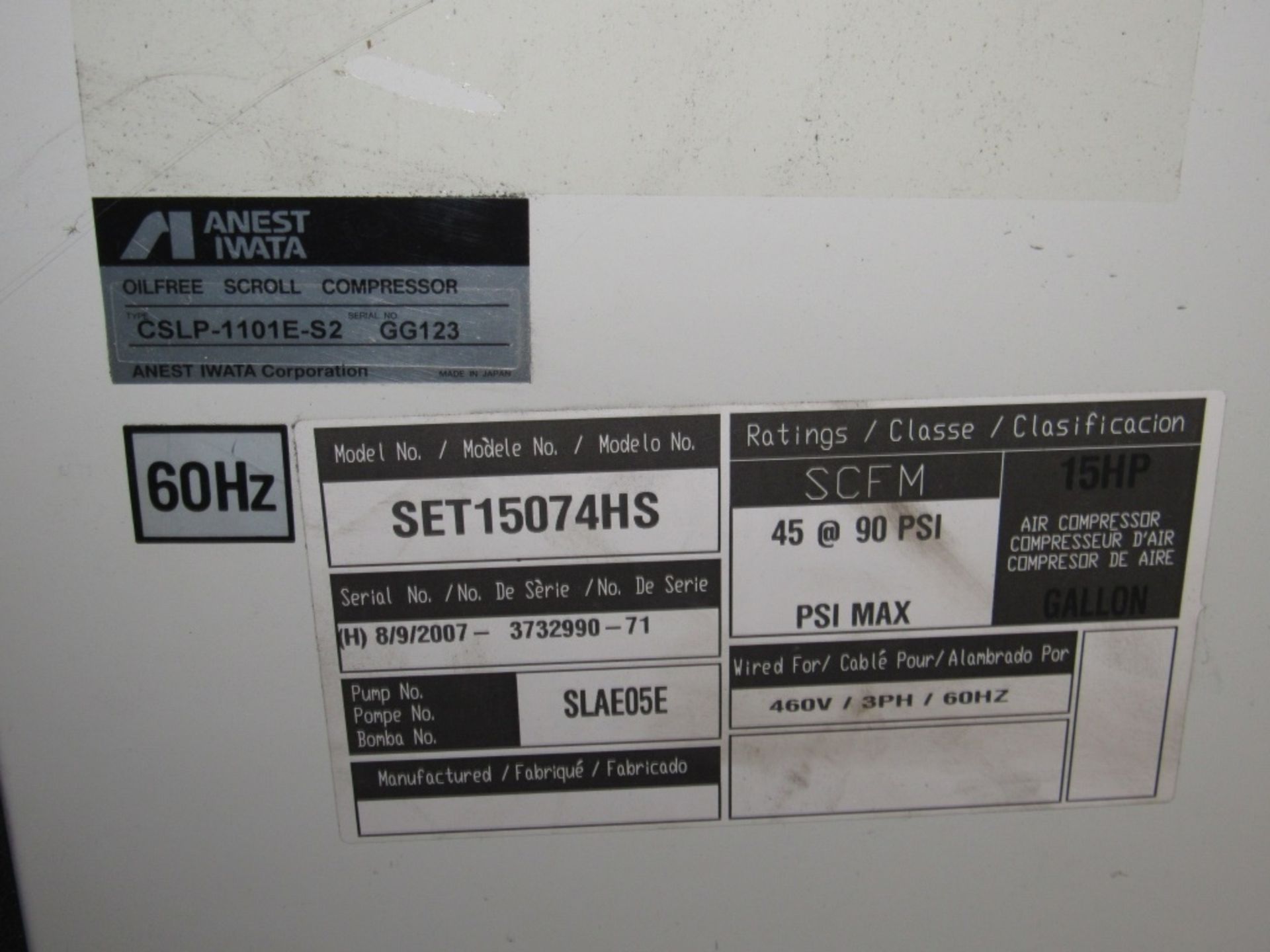 Anest Iwata Air Compressor- Model - SET15074HS Serial - 3732990-71 91 PSI Max - Image 11 of 11
