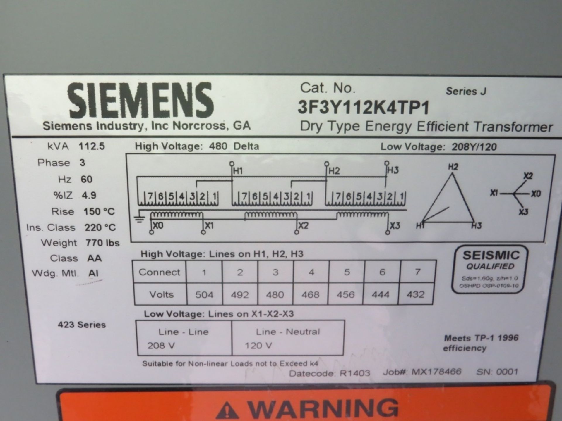 Siemens 112.5 KVA Transformer- - Image 6 of 6