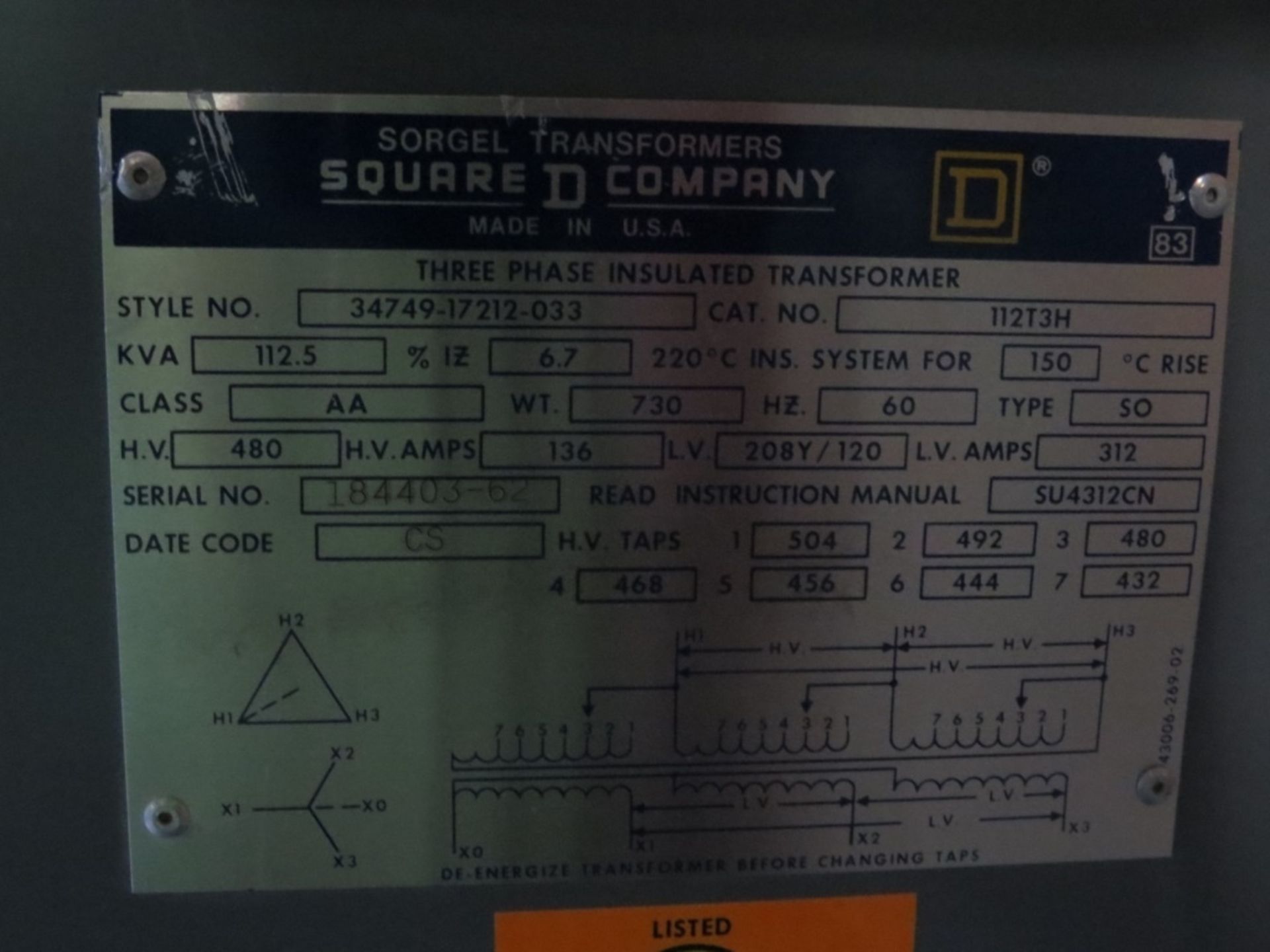 Square D 112.5 KVA Transformer- - Image 4 of 4