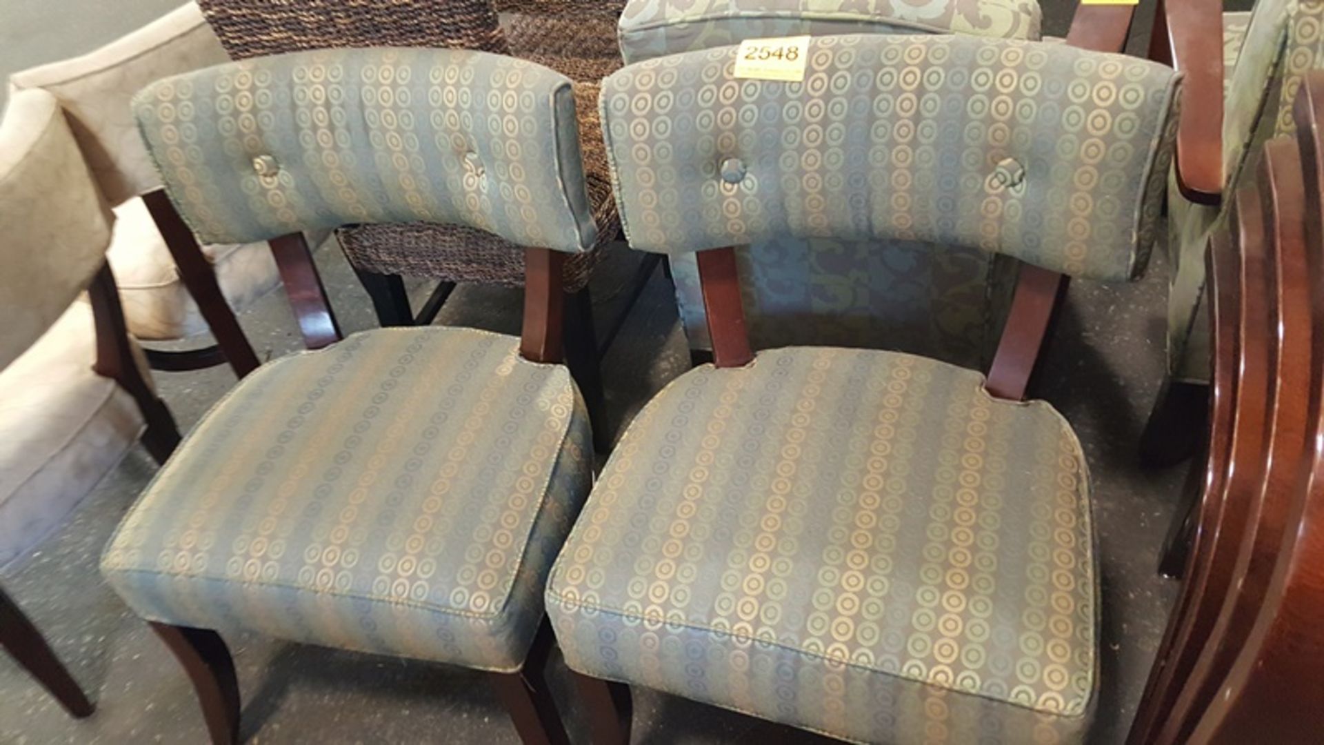 2 wood and fabric chairs