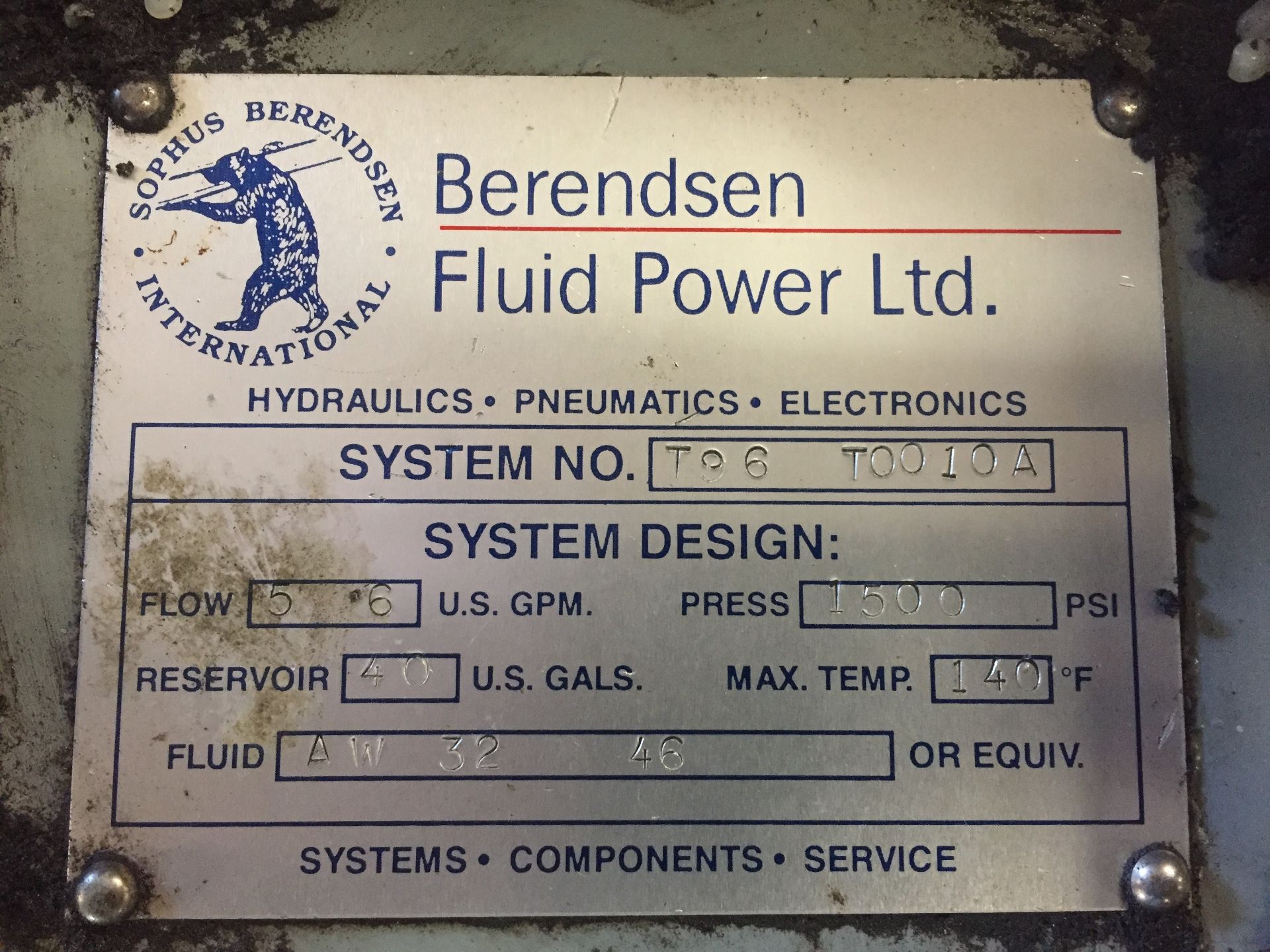 BROOK HASSEN HYDRAULIC PUMP, CAT NO. 2425212-02, TYPE TEFC, MOTOR BERENDSEN FLUID POWEE, SYSTEM #T96 - Image 3 of 3