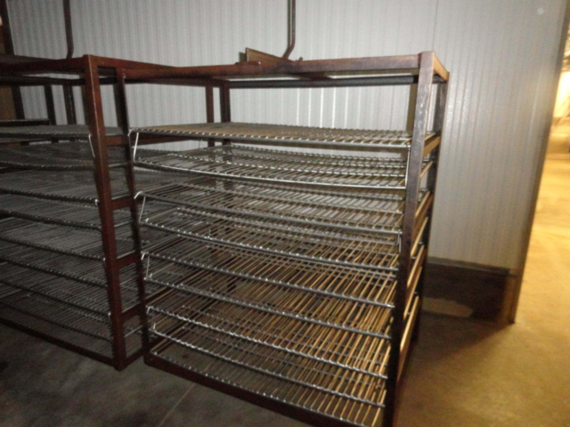 LOT OF (30) CARBON STEEL SMOKE RACKS, HANGING STYLE, WITH (9) STAINLESS STEEL SCREENS ON EACH.