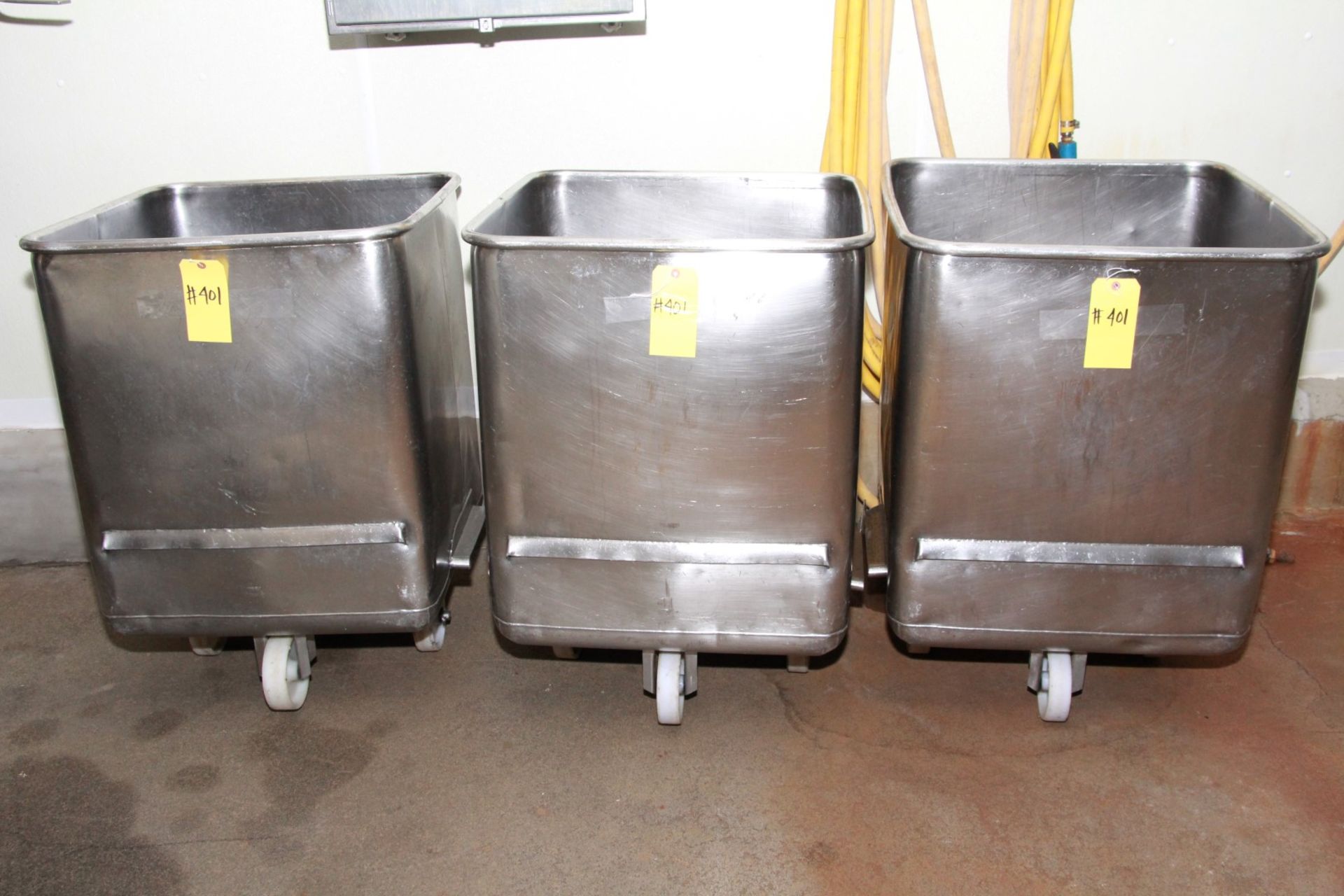 STAINLESS STEEL BUCKETS. 27" x 27" x 37". LOT OF (3).