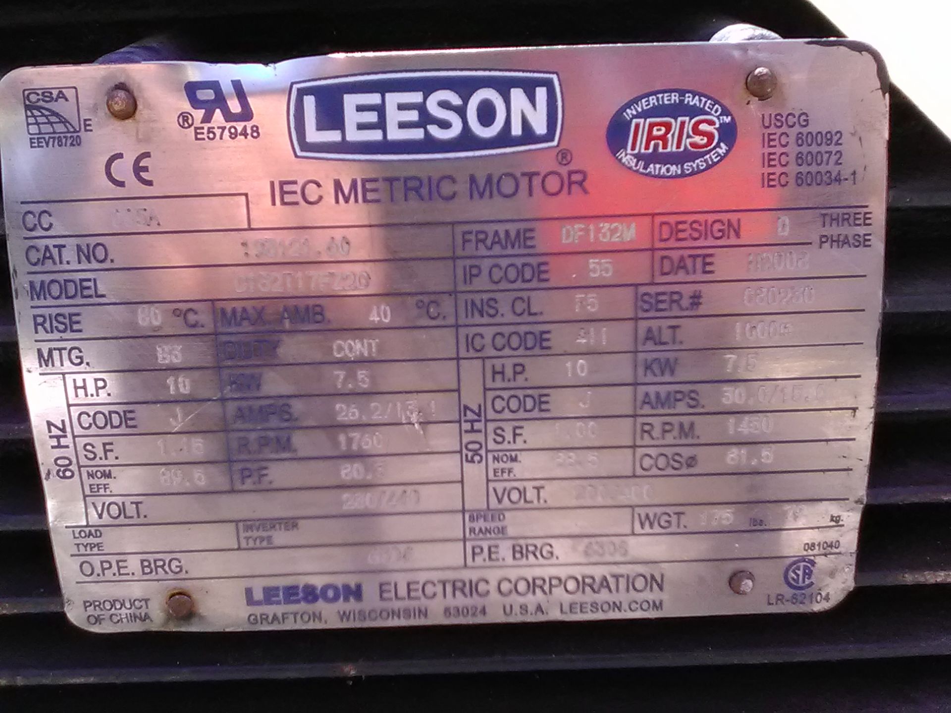 LEESON MOTOR - 10 HP - Image 2 of 2