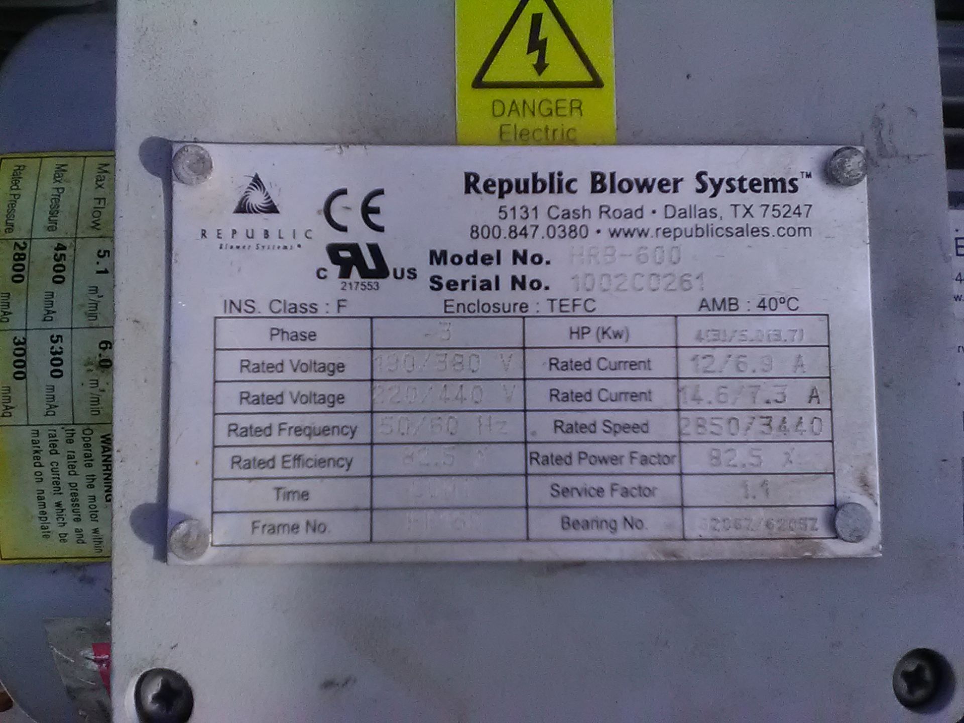 REPUBLIC BLOWER - 5 HP. MD# HRB600. SN: 1002C0261. - Image 3 of 3