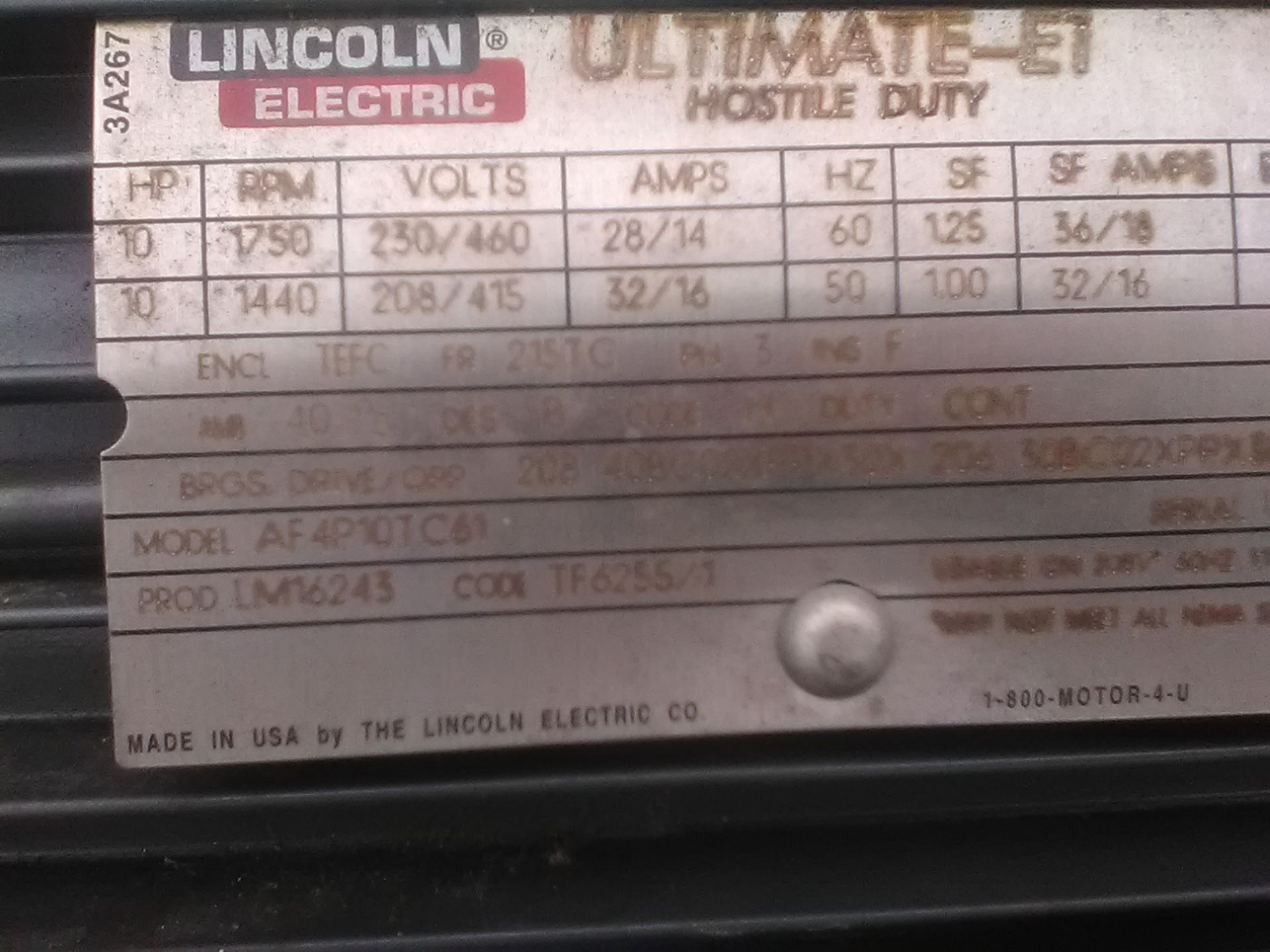 LINCOLN MOTOR - 10 HP. - Image 2 of 2