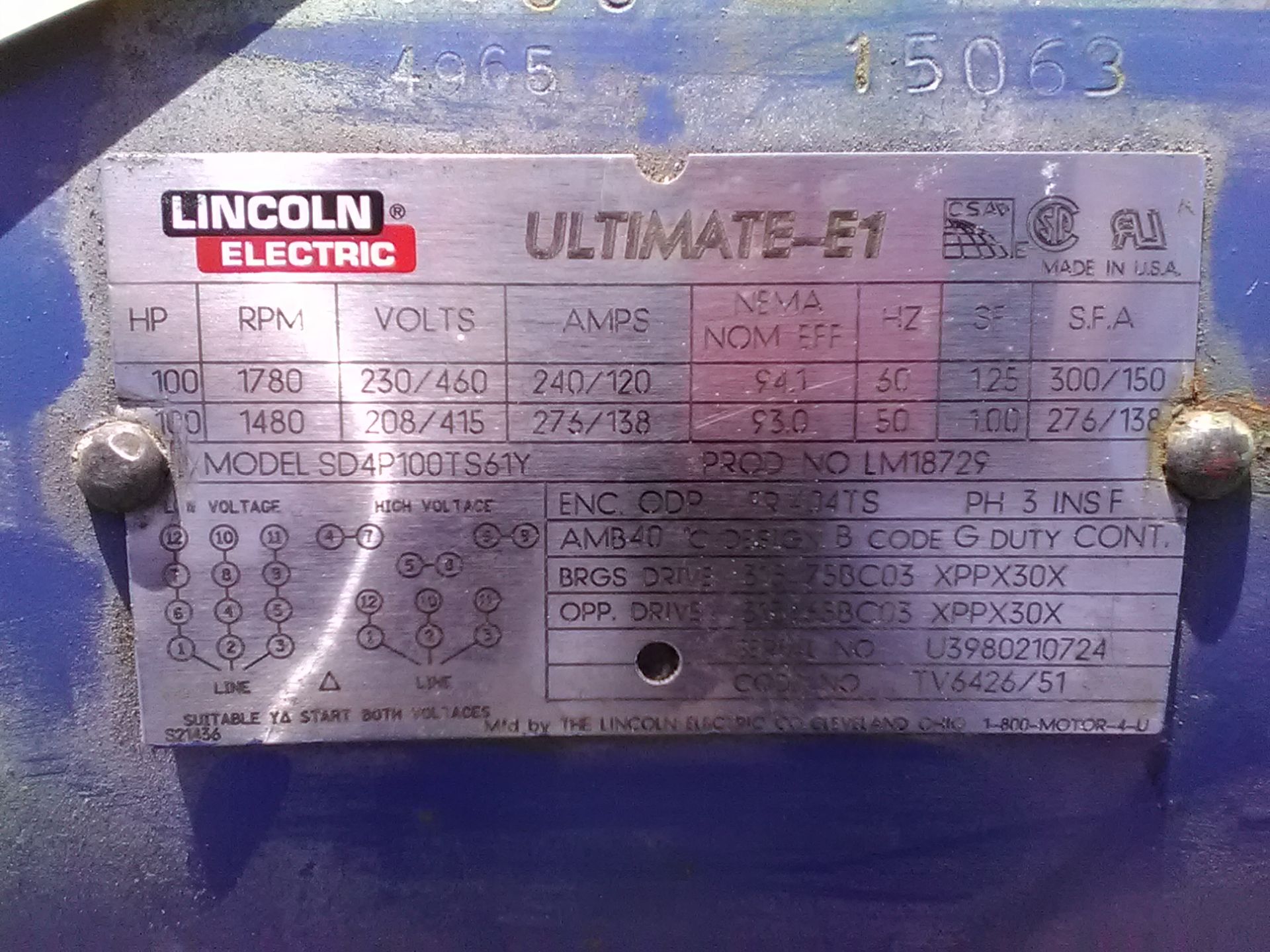 LINCOLN 10 BELT MOTOR - 100 HP - Image 2 of 2