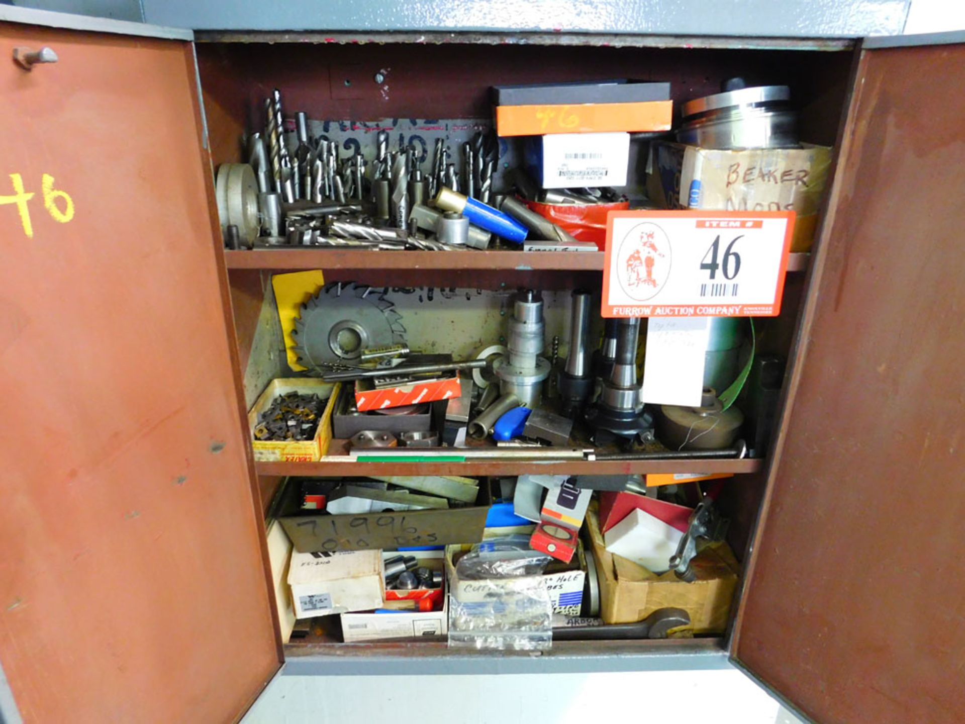 Wall Mounted 2-Door Storage Cabinet, W/Contents, Misc. End Mill Bits, Mill Cutters, Lathe Tooling,