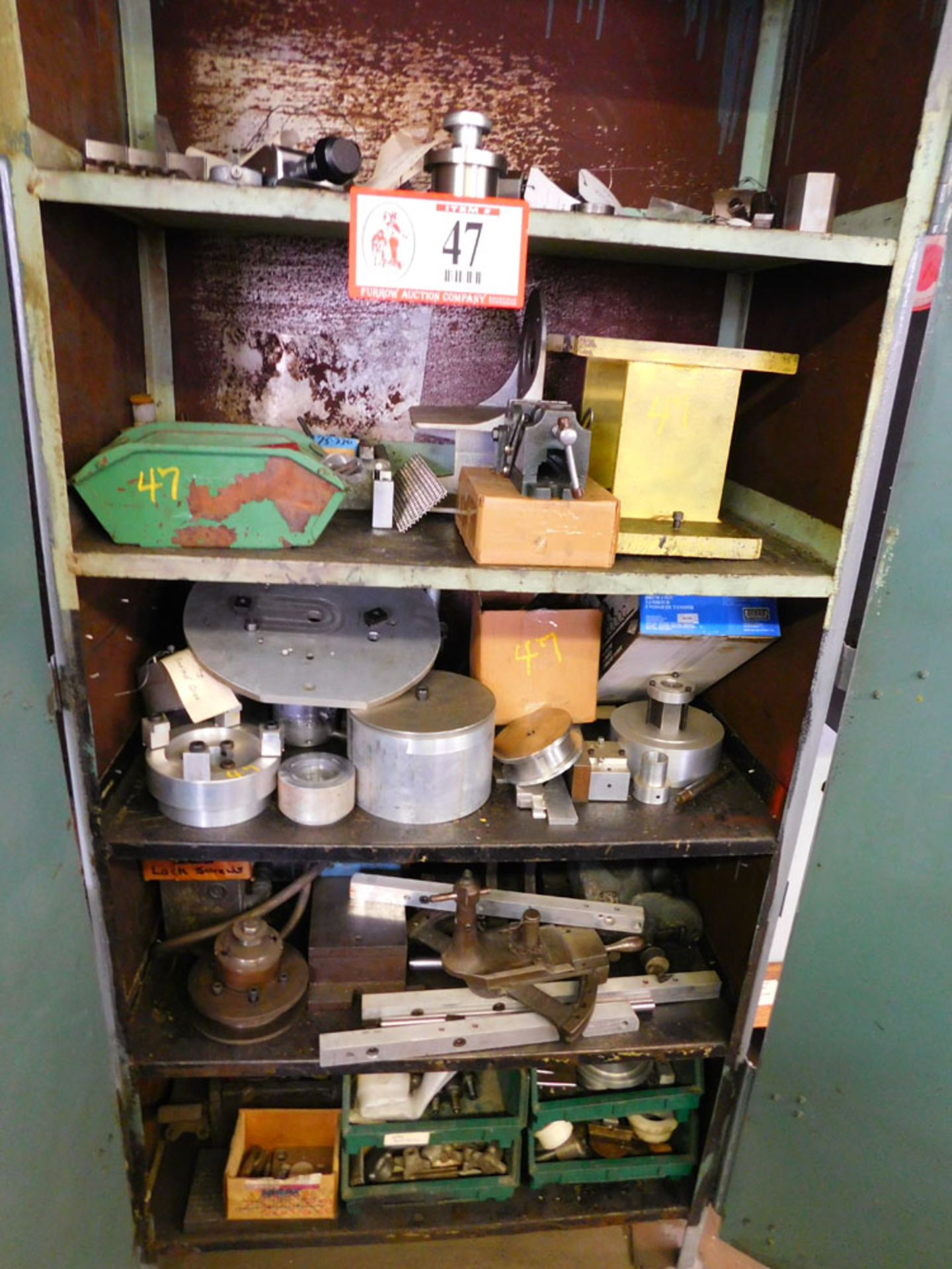2-Door Metal Storage Cabinet, W/Contents, Lathe Chuck Jaws, Tool Holders, Jaw Vise, etc.