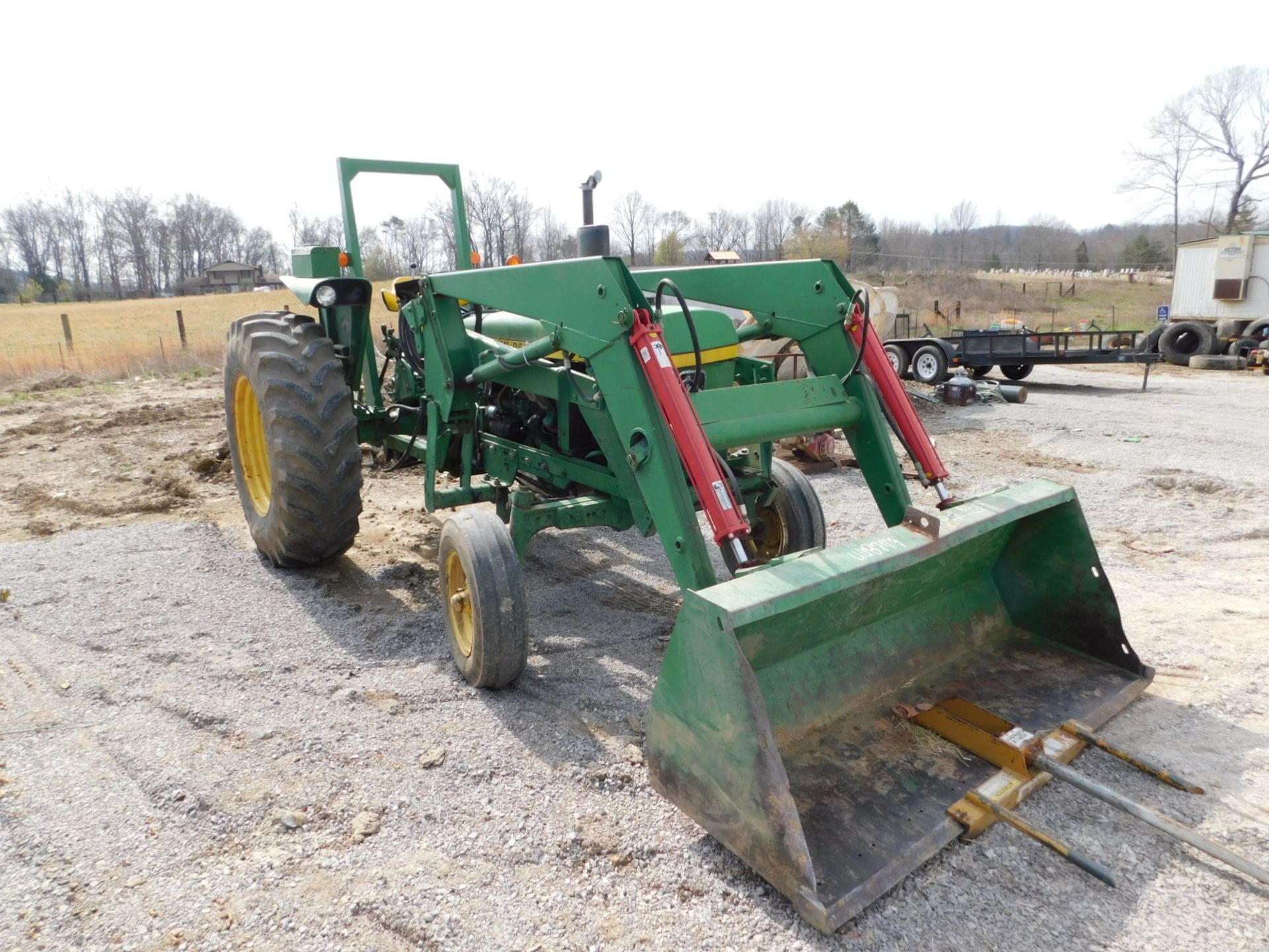 John Deere 2440 Farm Tractor/Loader, Roll Bar, Single Remote, 2WD, Bale Spear, GP Bucket, 3,