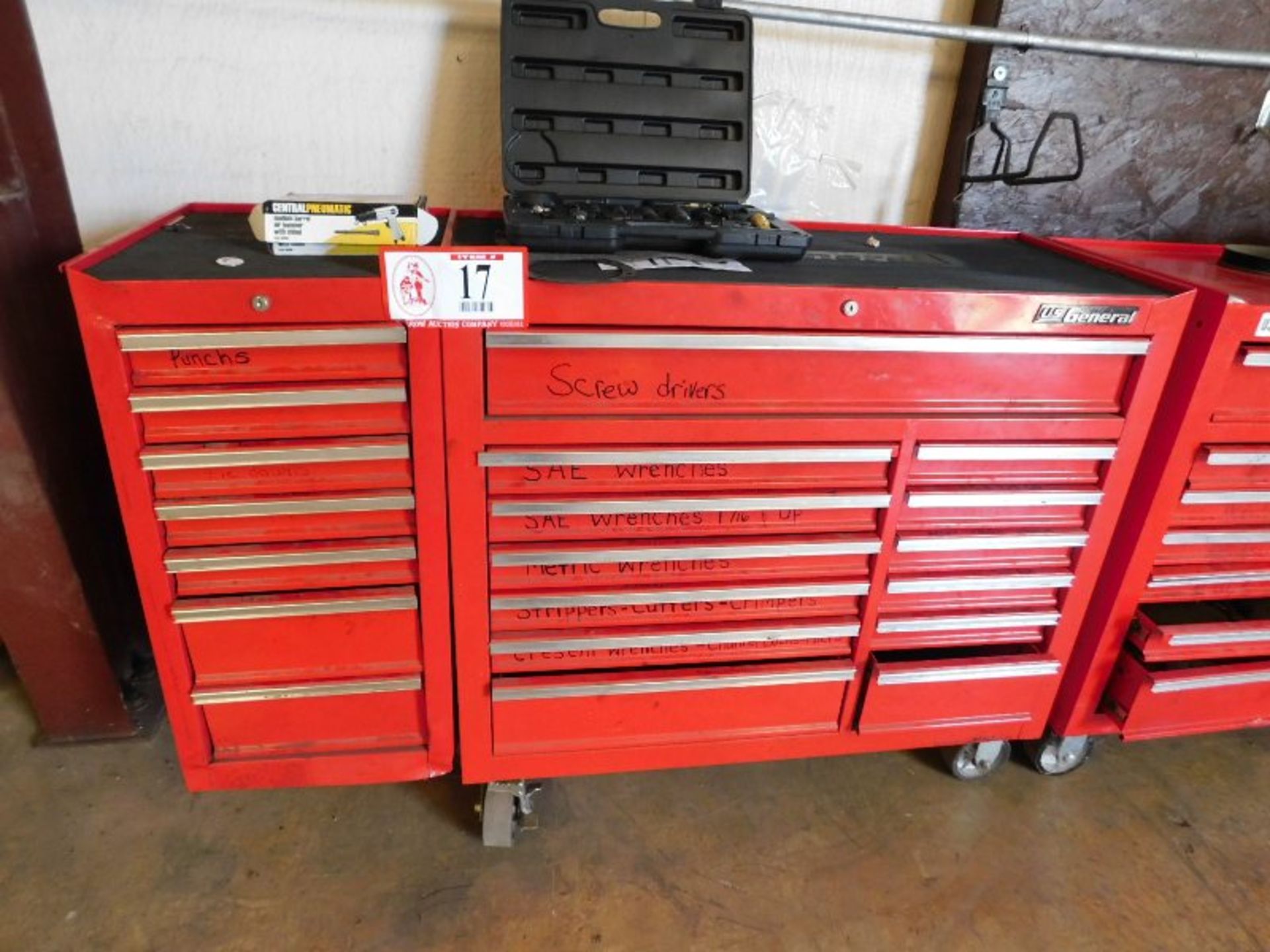 US General 13-Drawer Tool Box on Casters, W/7-Drawer Tool Box, w/Contents, Screwdrivers, Wrenches,
