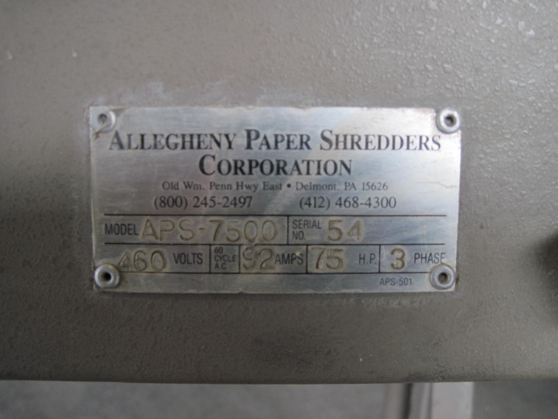 Allegheny Mdl APS 7500 Document Shredder, 75hp, 460 Volt, 3-Phase, S/N 54 - Image 3 of 6