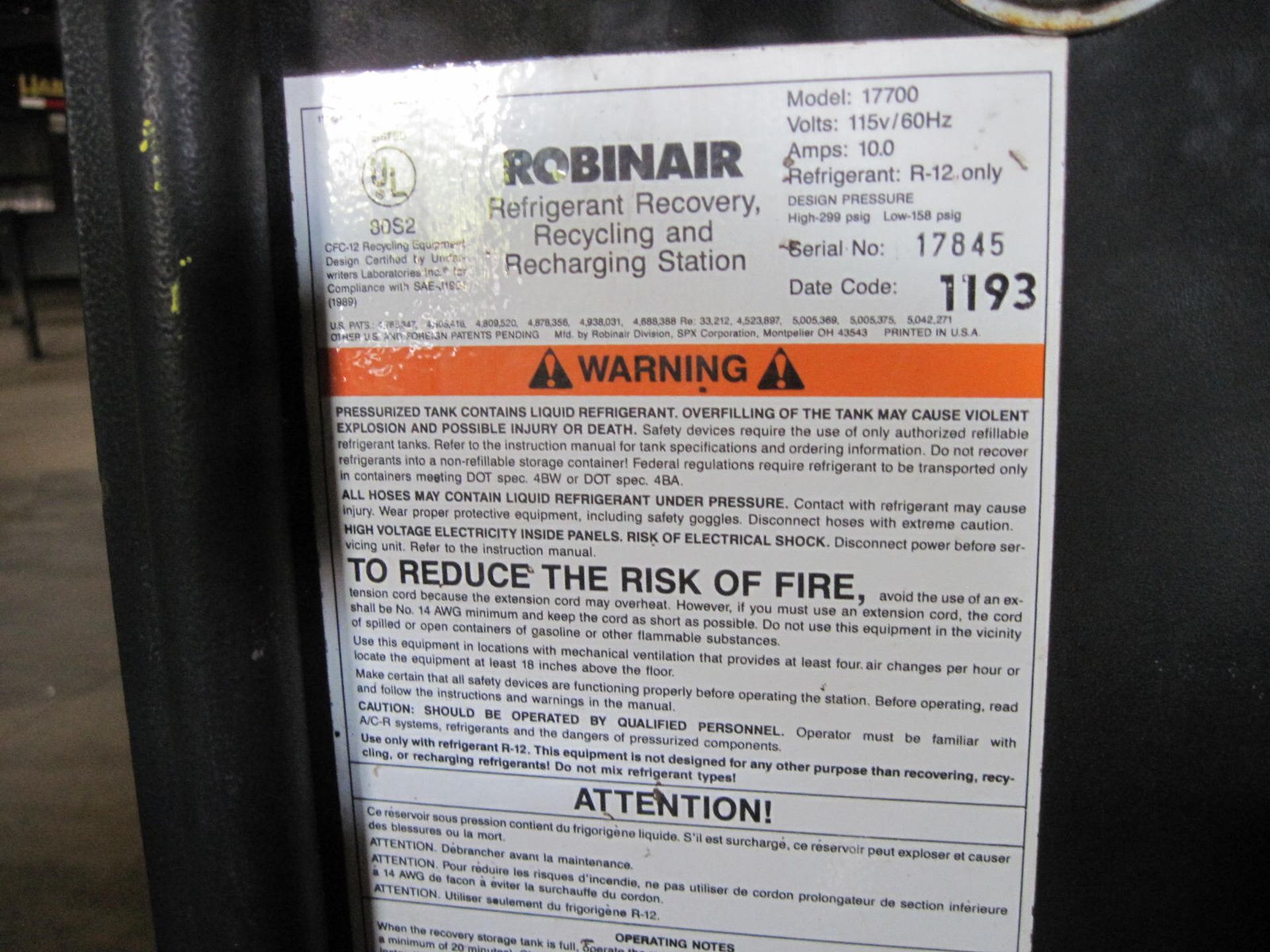 Robinair Refrigerant Recovery System, Model 17700 115 volts R-12 Serial # 17845 - Image 3 of 3