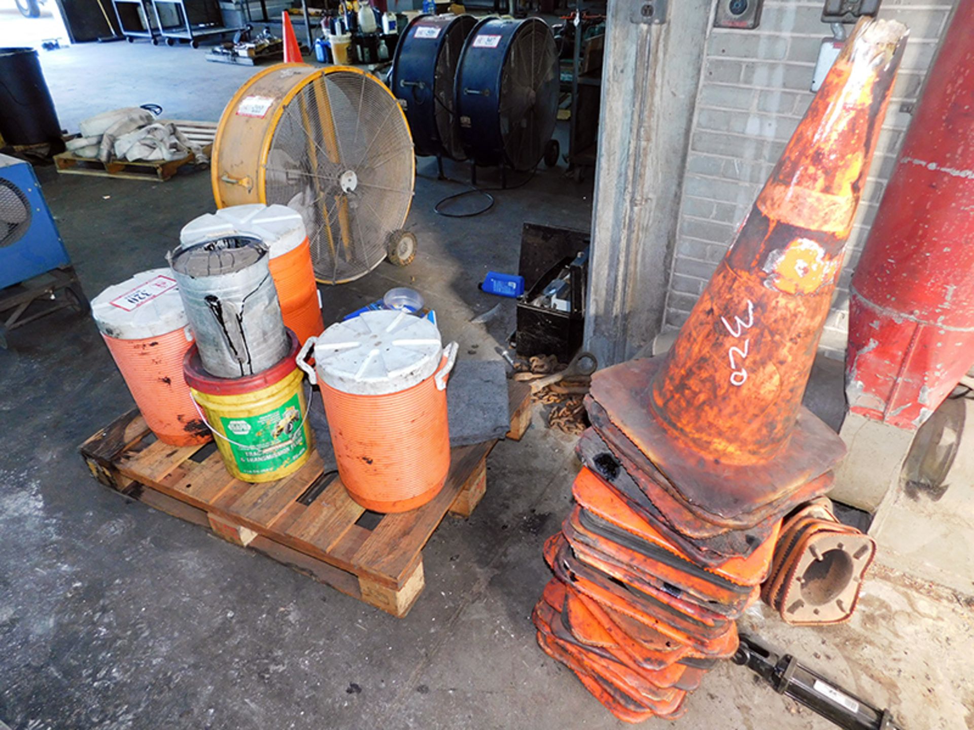 Contents of Pallet - Misc Safety & Roadwork Signs, Safety Cones, Insulated Drink Dispensers, etc.