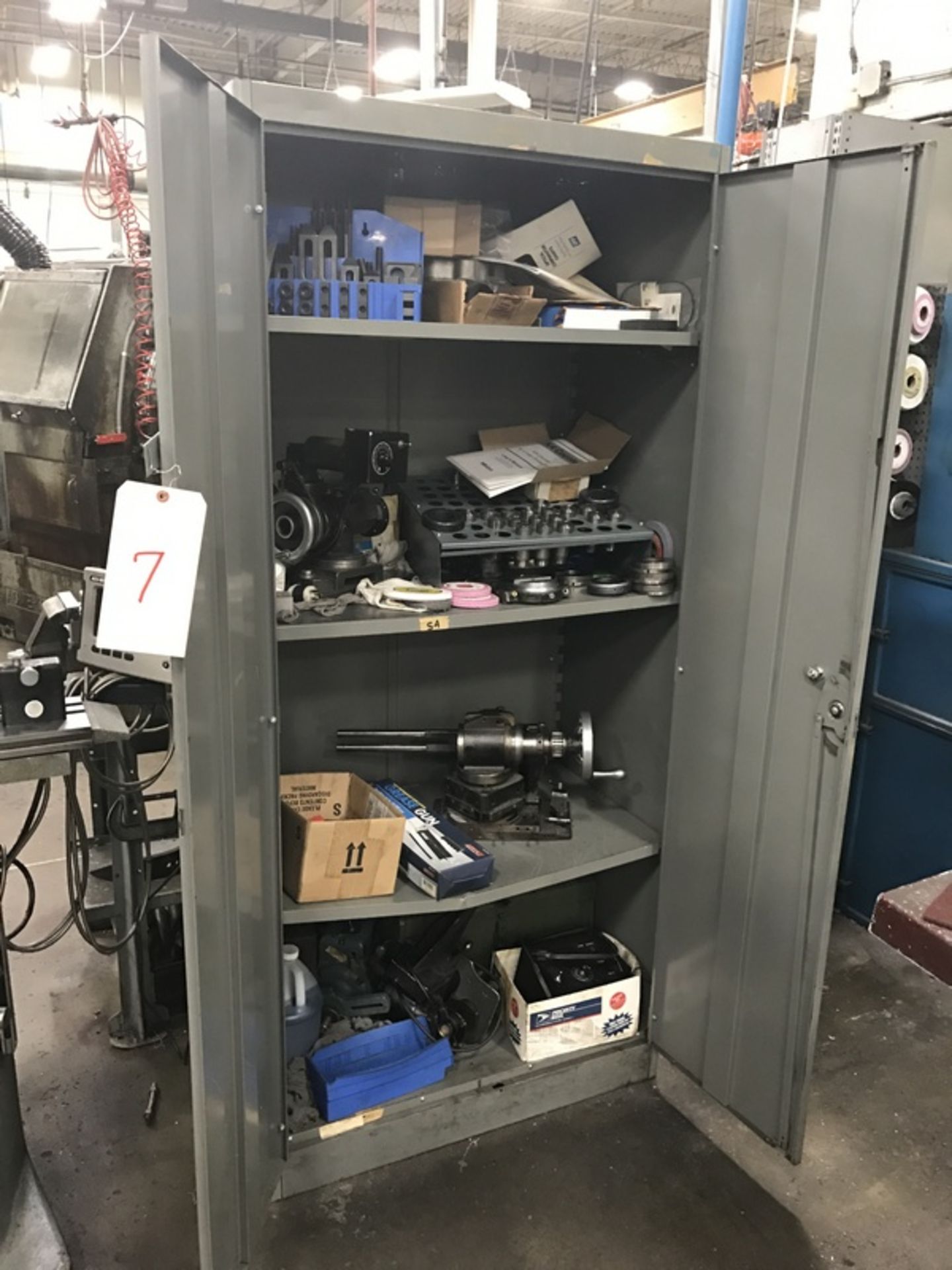 Metal Cabinet & Contents of Metal Cabinet: with Misc. tools, Collets, Grinding Wheels, Harig -