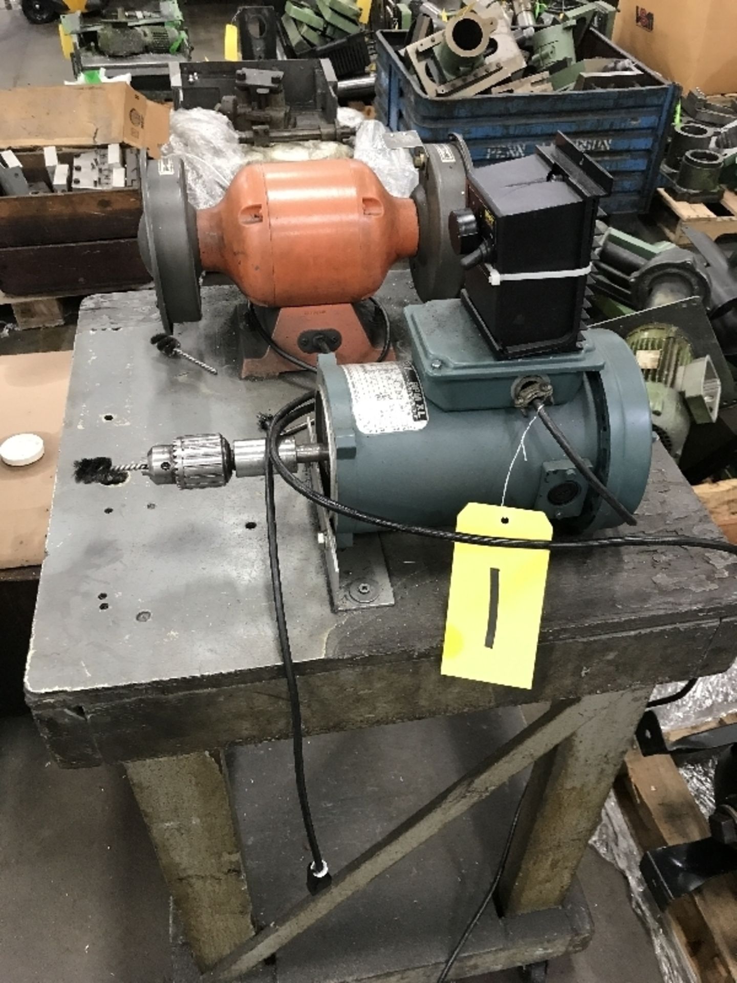 Bench Grinder & Drill Motor (Reliance Electric), 4-wheel Cart & contents
