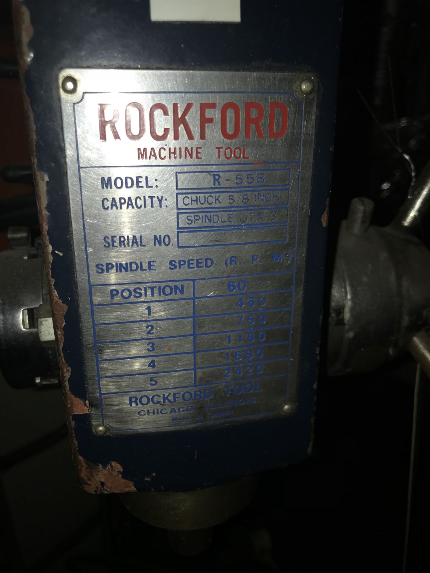 Rockford Bench Type Drill Press, Model R-558, Chuck 5/8", Spindle JT #3 - Image 3 of 4