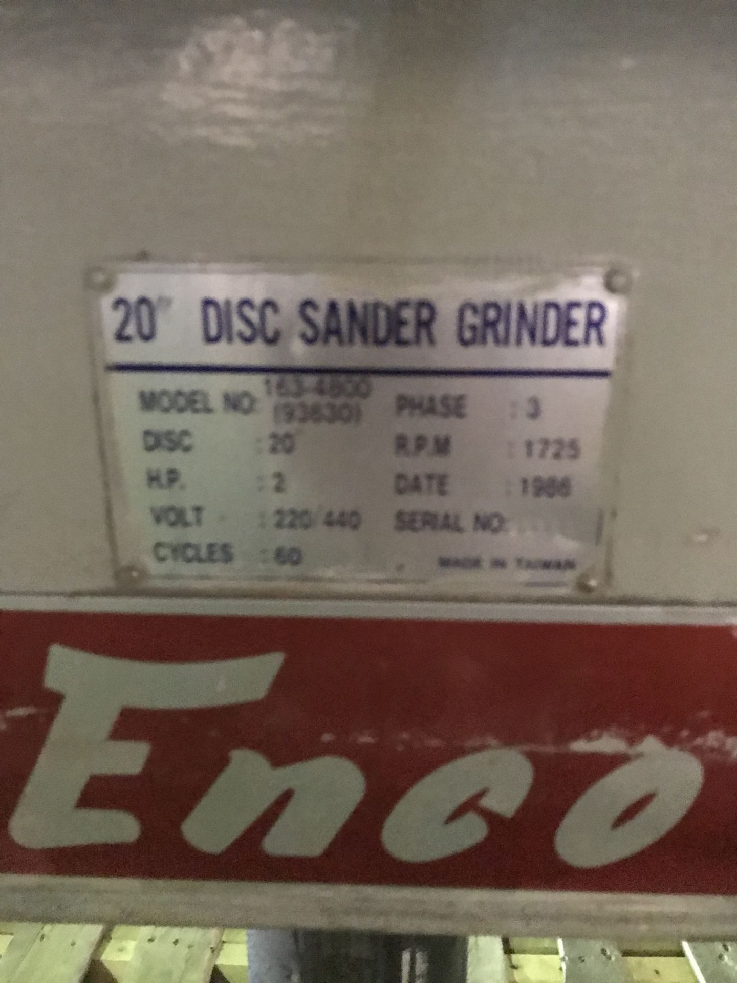 20" Enco Disc Sander/Grinder, Model 163-4800, 20" Disc, RPM: 1725, HP: 2 - Bild 3 aus 4