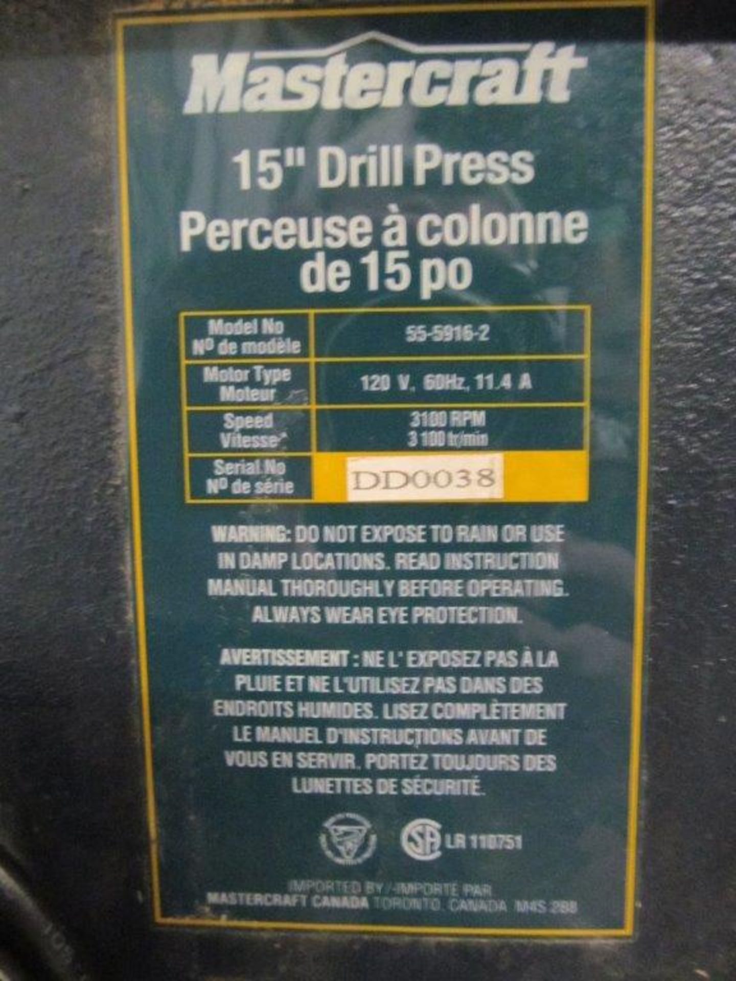 MASTERCRAFT PEDESTAL DRILL PRESS MODEL: 55-5916-2, S/N: DD0038, TILTING TABLE, ELECTRICS: 120V/1PH/ - Image 3 of 3