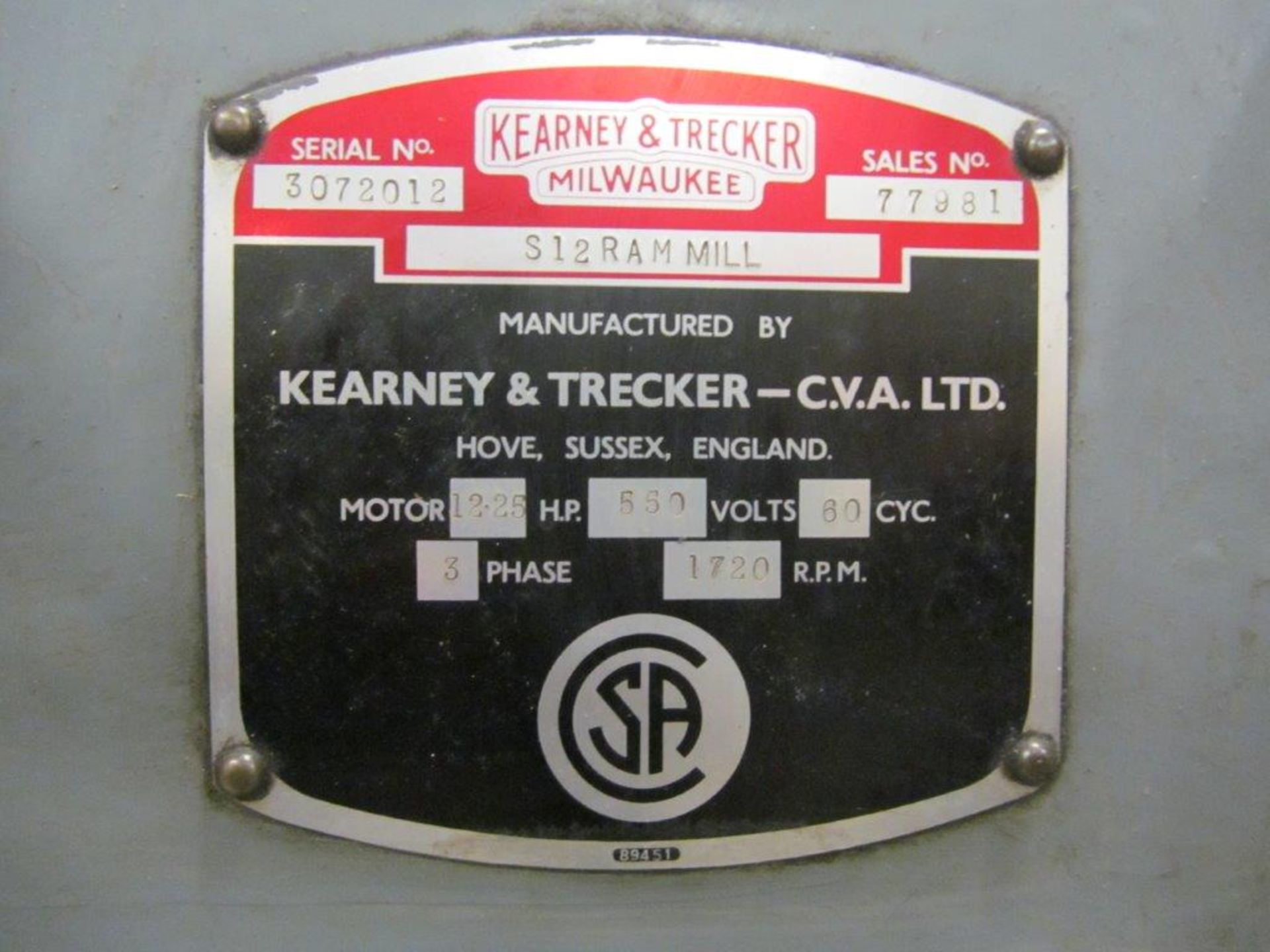 KEARNEY & TRECKER (MILWAUKEE) POWER OVERARM HORIZONTAL/VERTICAL MILLING MACHINE MODEL 307 S-12, S/N: - Image 11 of 13