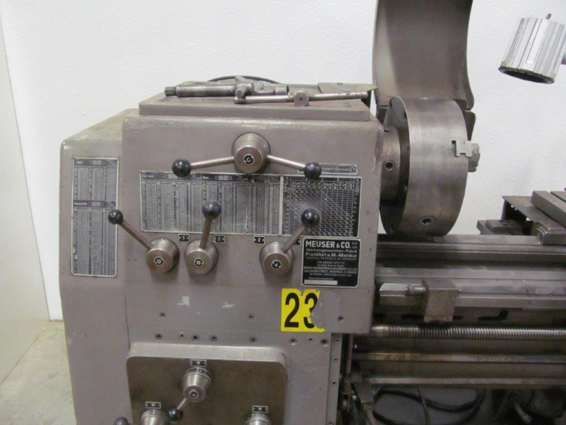 MEUSER (GERMANY ENGINE LATHE, 20" SWING X 60" CENTERS, SPINDLE HOLE: 2", C/W 12" 3-JAW CHUCK, - Image 4 of 8
