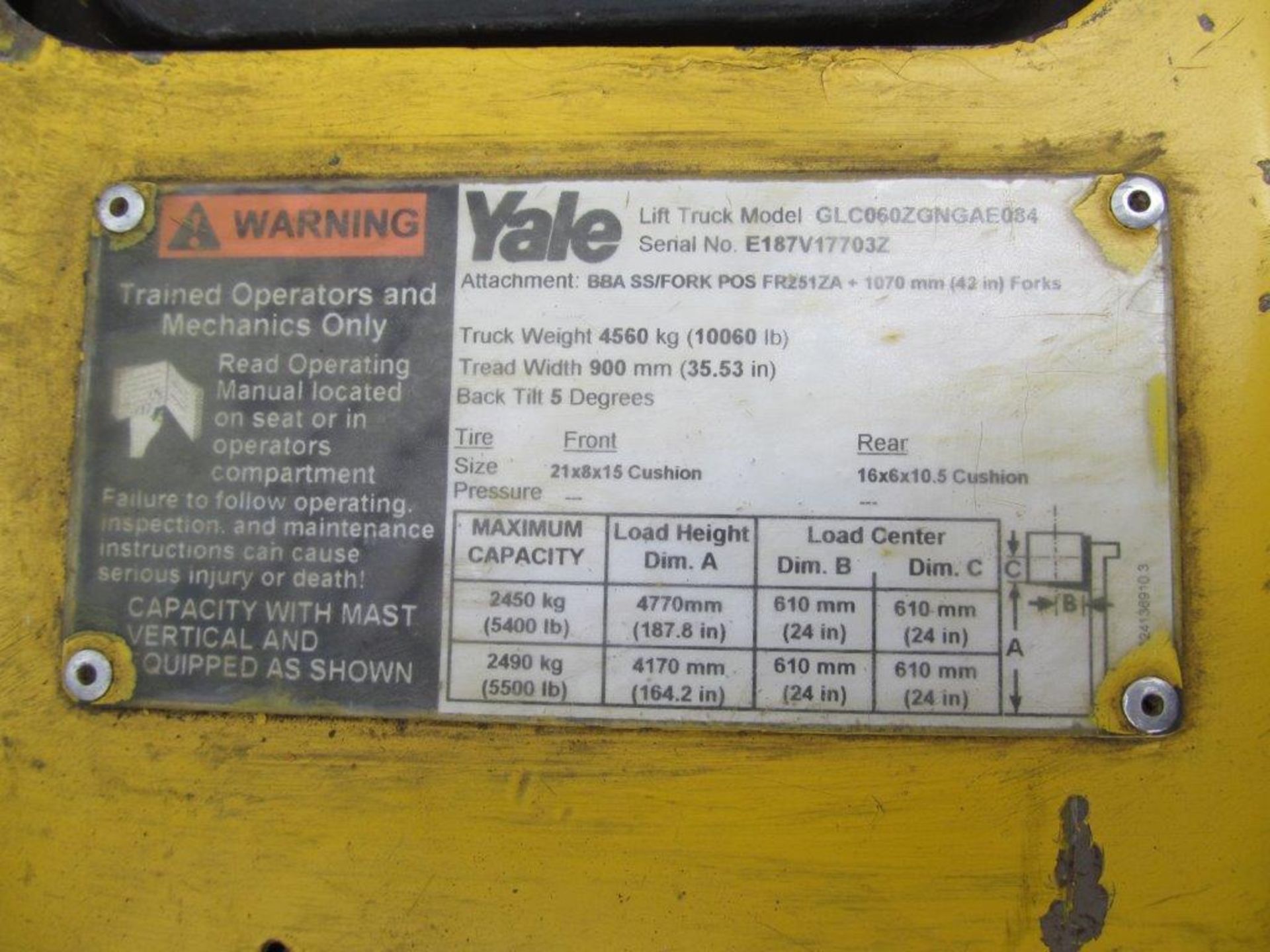 YALE PROPANE FORKLIFT MODEL: E466087, 5000 LBS CAP, INDOOR/OUTDOOR, "PROPANE TANK NOT INCLUDED" - Image 9 of 10