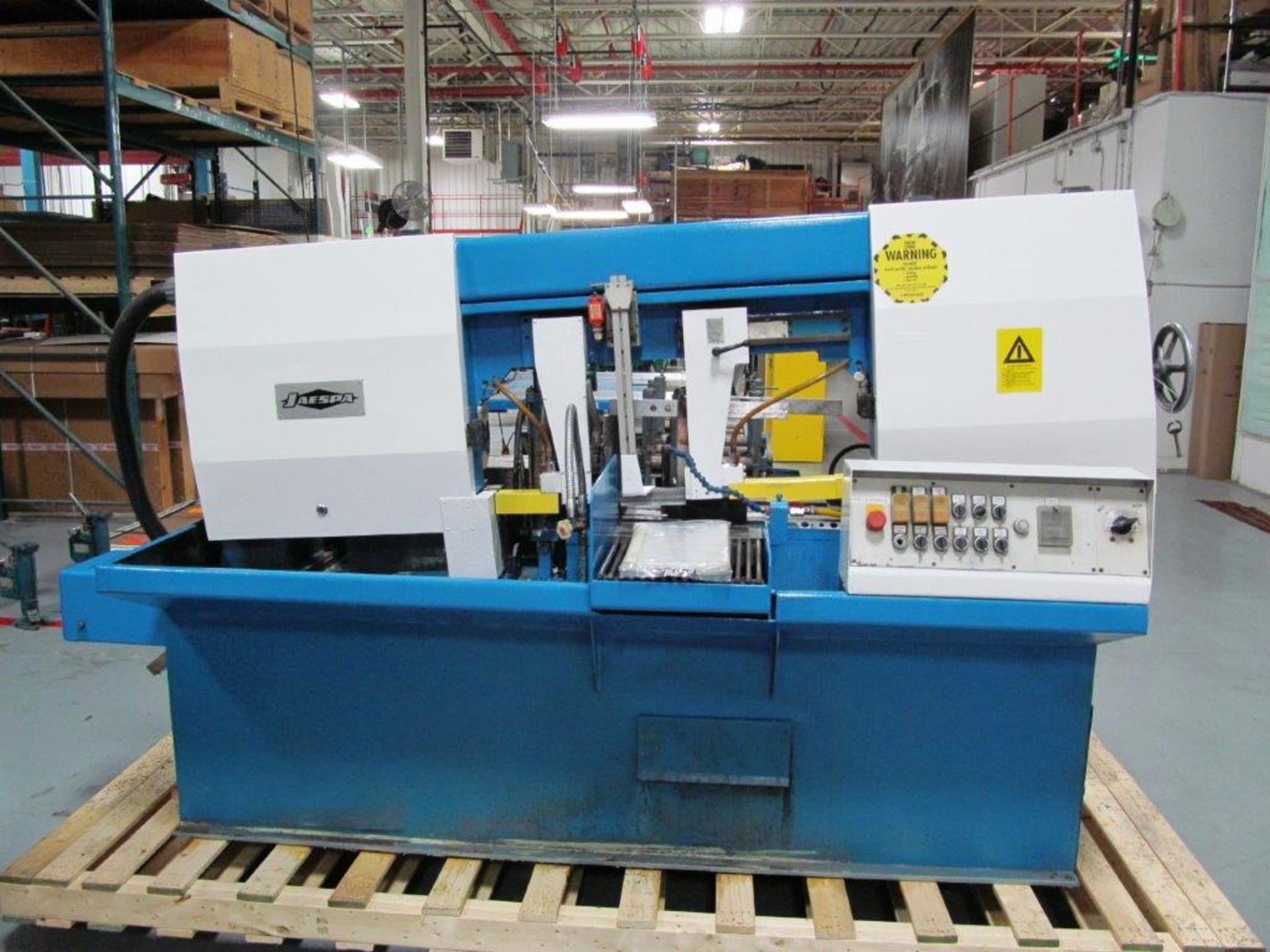 JAESPA AUTO FEED HORIZONTAL BAND SAW MODEL: W320AZ, S/N: 20475, C/W INFEED CONVEYOR, ELECTRICS: