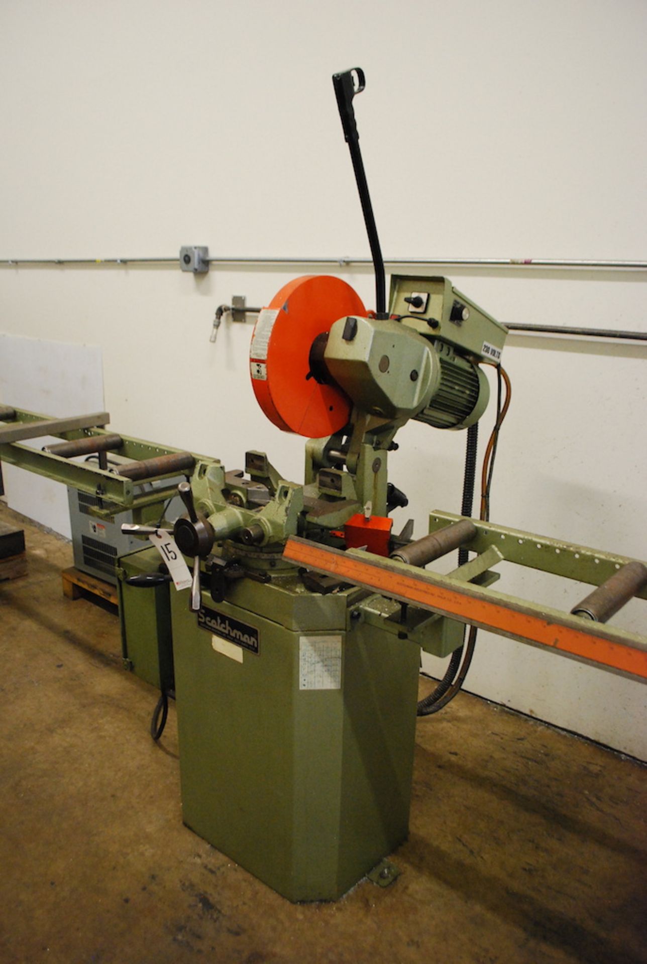 SCOTCHMAN 14” MODEL 350HT COLD SAW: S/N 58120901 (2001); MANUAL VISE; 5HP; 10' INFEED ROLLER