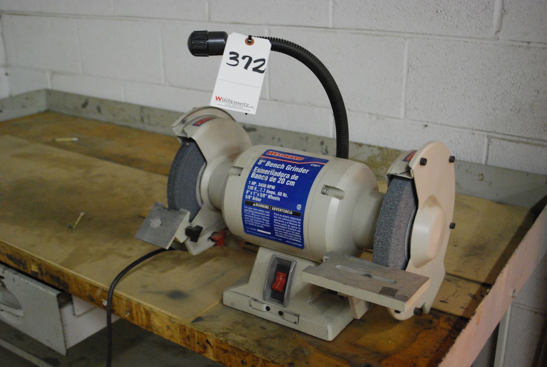 WESTWARD 8" 1 HP MODEL 4TM71 BENCH GRINDER; W/3450 RPM; 120V; 8" X 1" X 5/8" Wheels; 5/8" Arbor