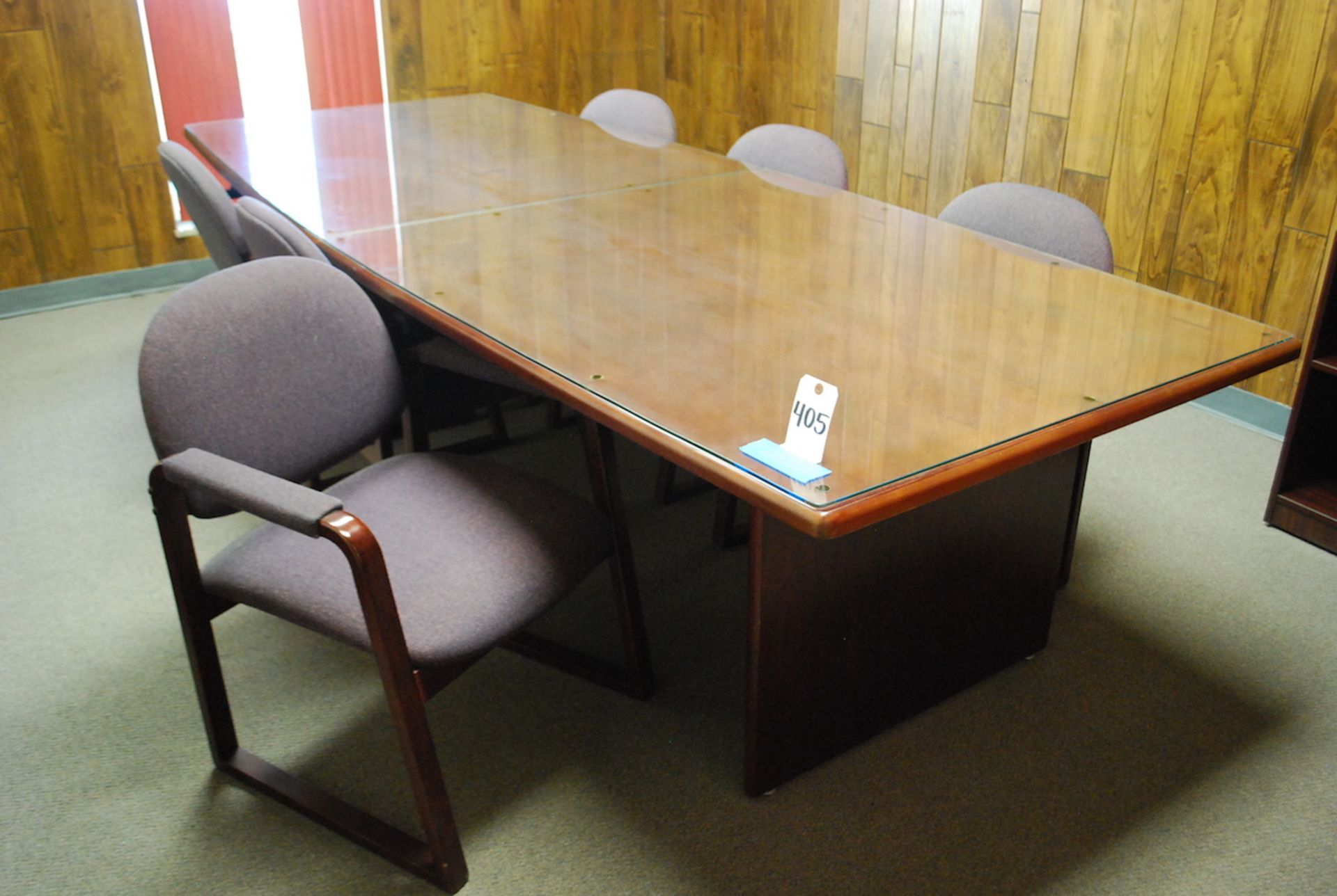 LOT: 47" X 10' CONFERENCE TABLE W/(6) CHAIRS & (2) BOOKCASES