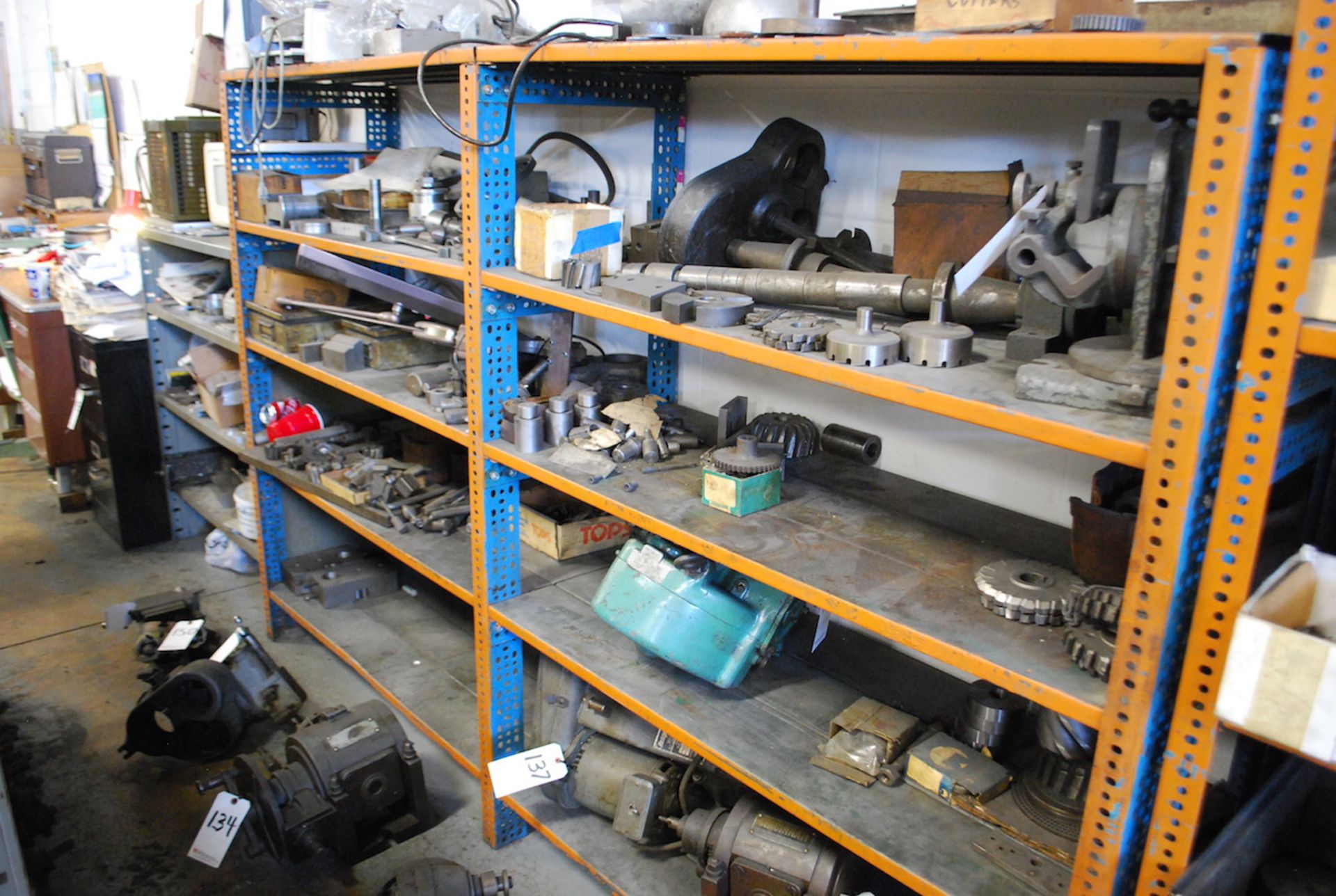 LOT: CONTENTS OF ORANGE & BLUE STEEL SHELVING, INCLUDING MILLING CUTTER MACHINE PARTS, ETC. ( - Image 4 of 4