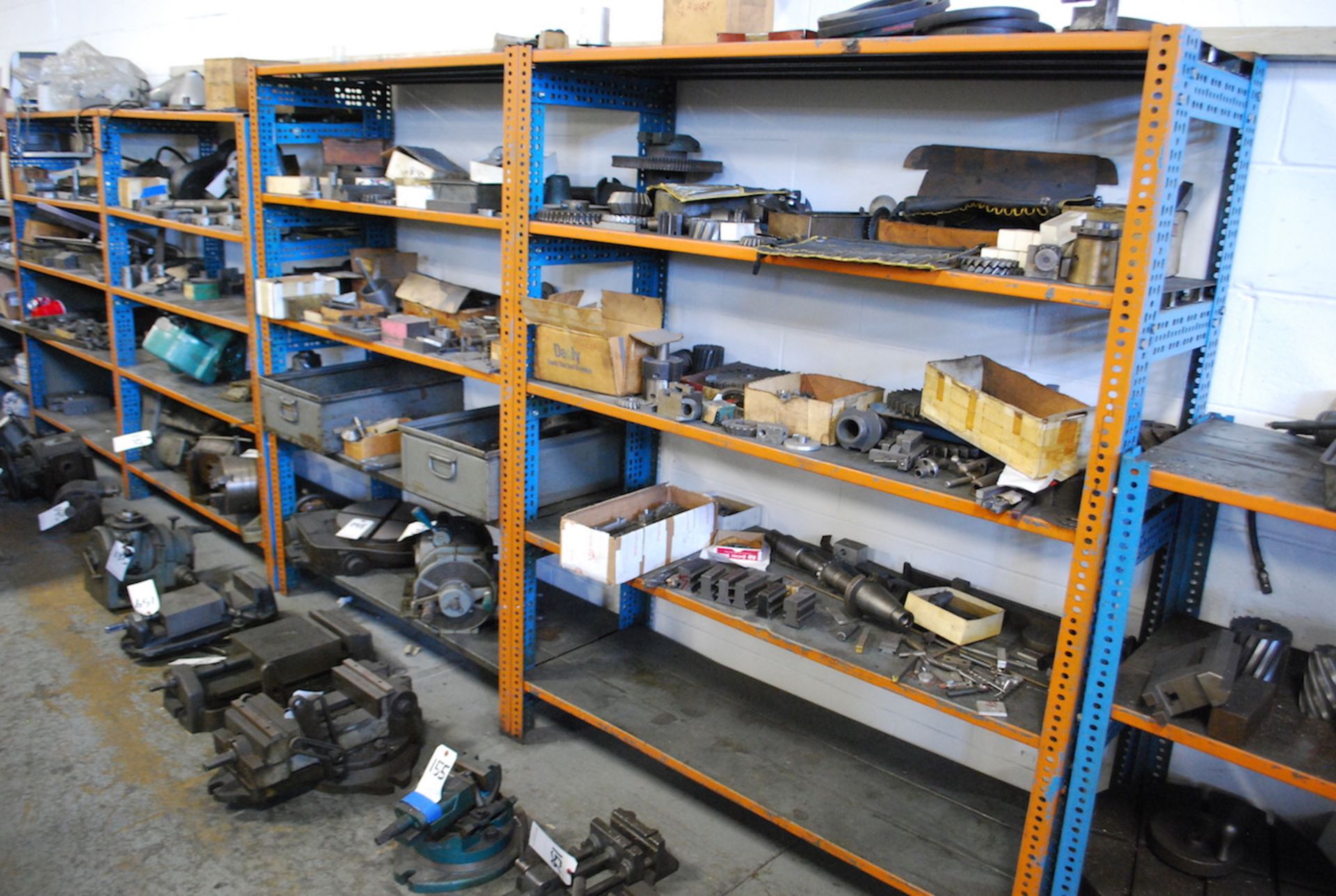 LOT: CONTENTS OF ORANGE & BLUE STEEL SHELVING, INCLUDING MILLING CUTTER MACHINE PARTS, ETC. ( - Image 3 of 4