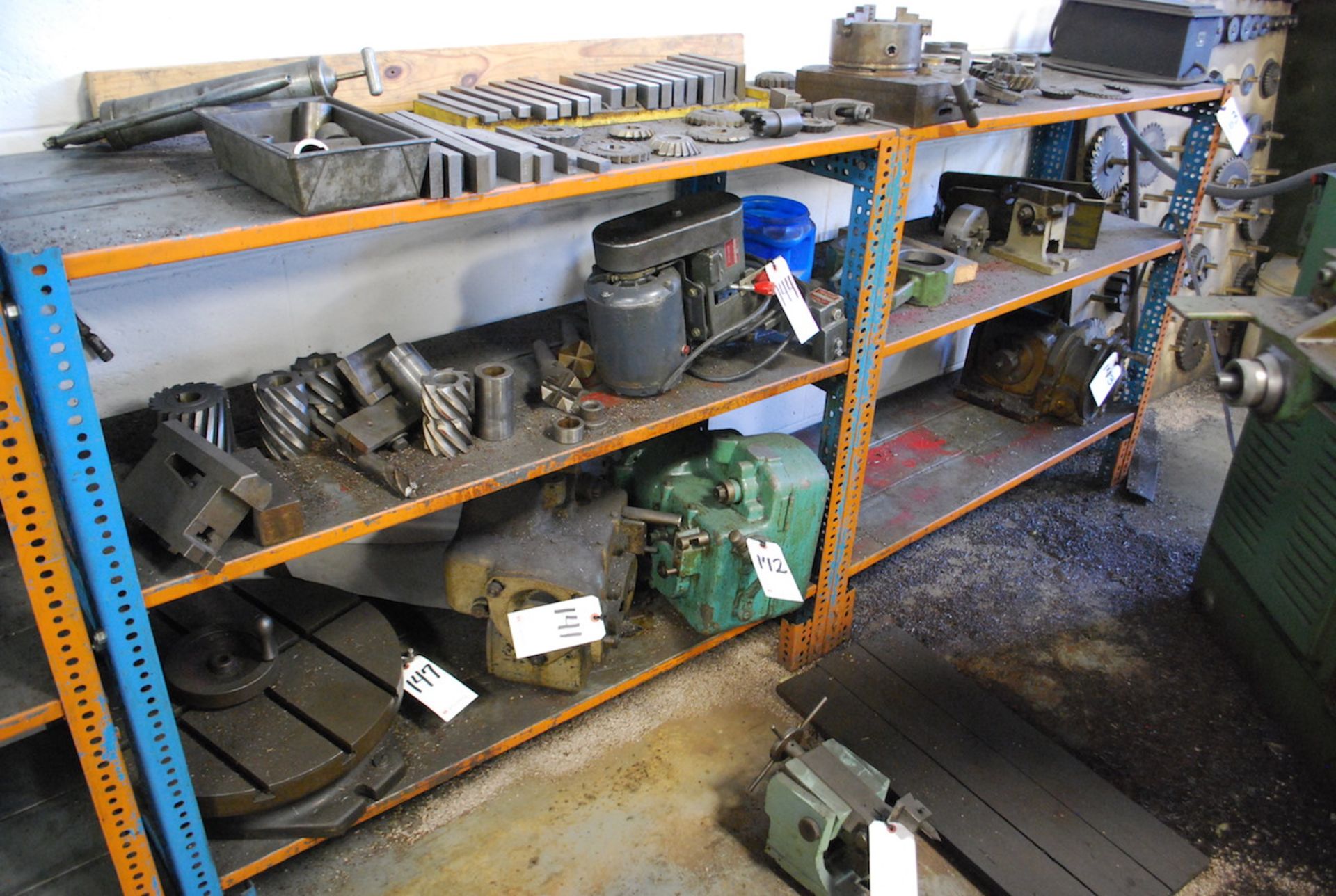 LOT: CONTENTS OF ORANGE & BLUE STEEL SHELVING, INCLUDING MILLING CUTTER MACHINE PARTS, ETC. ( - Image 2 of 4