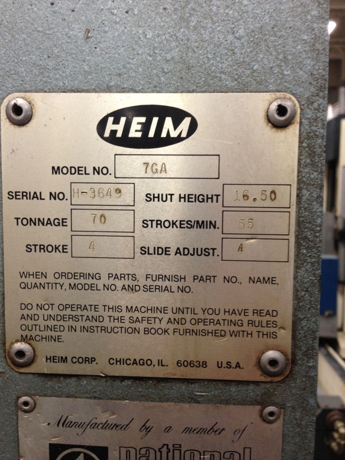 70 TON HEIM MODEL 7GA BACK GEARED GAP FRAME PRESS Serial No. H-3649 New 1989 Motor Driven with 7.5 - Image 7 of 7