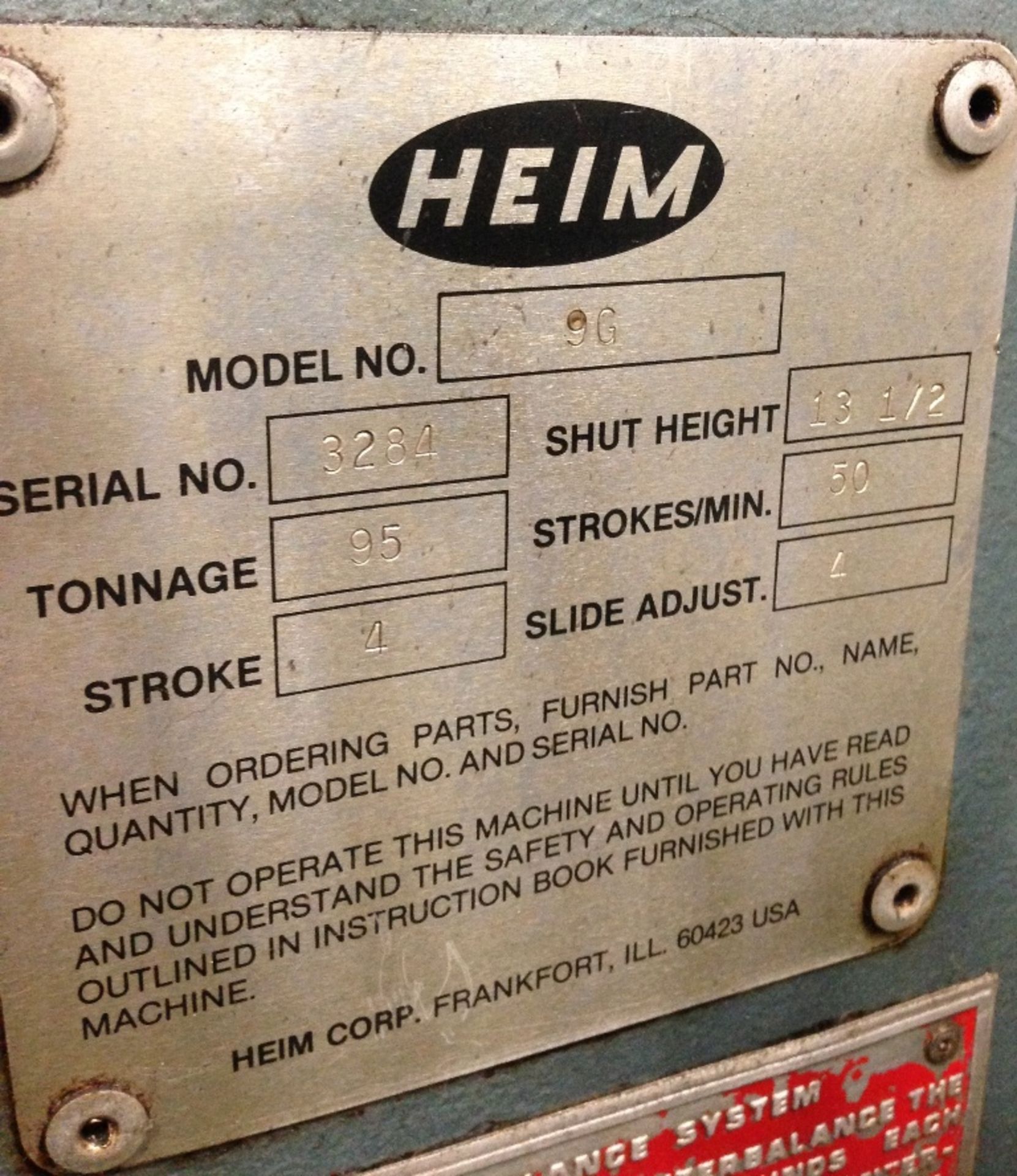 95 TON HEIM MODEL 9G BACK GEARED GAP FRAME PRESS Serial No. 3284 New 1985 Motor Driven with a 10 HP, - Image 7 of 7