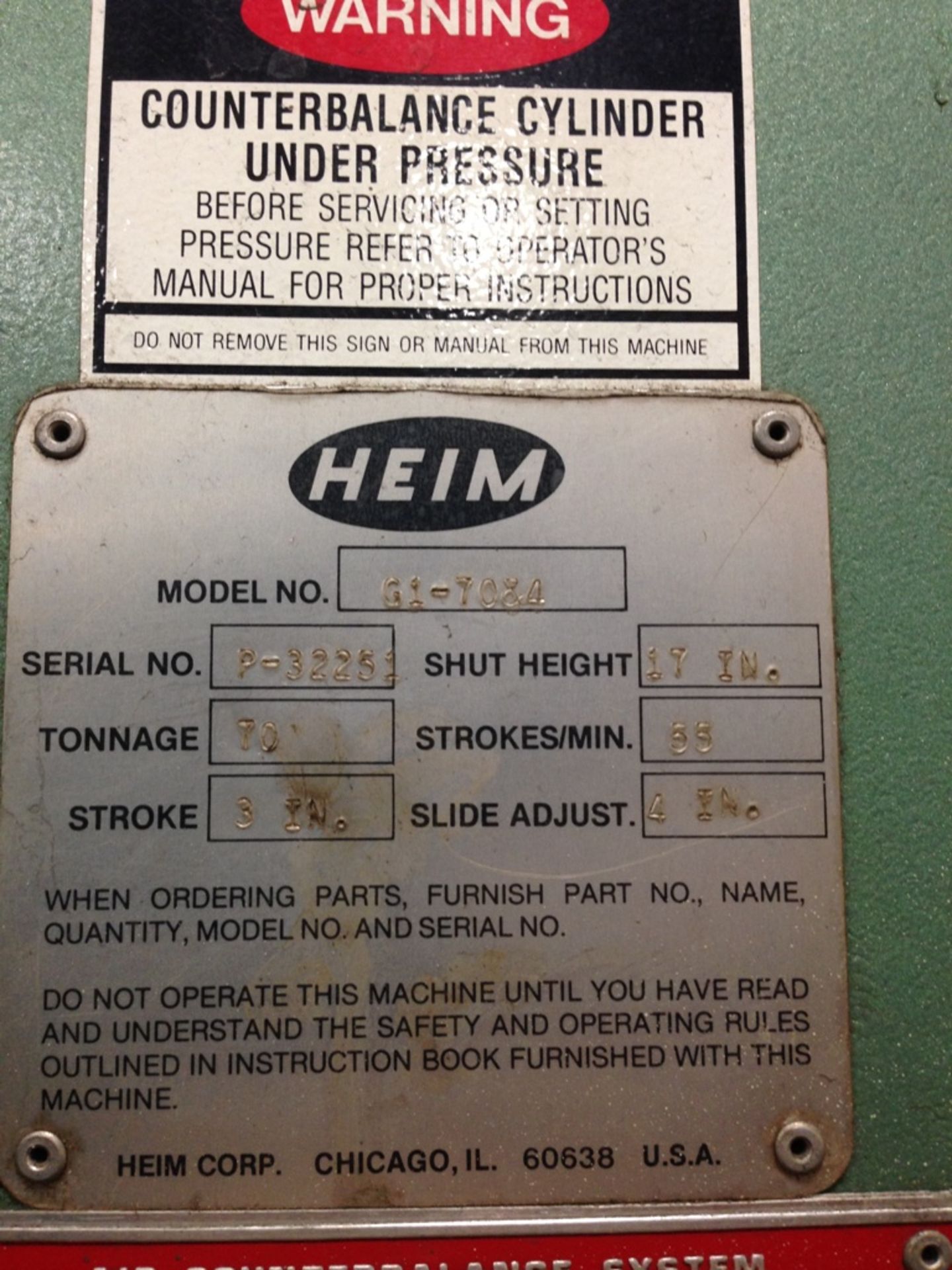 70 TON HEIM MODEL G1-7034 BACK GEARED GAP FRAME PRESS Serial No. P-32251 New 1995 Motor Driven with - Image 6 of 6